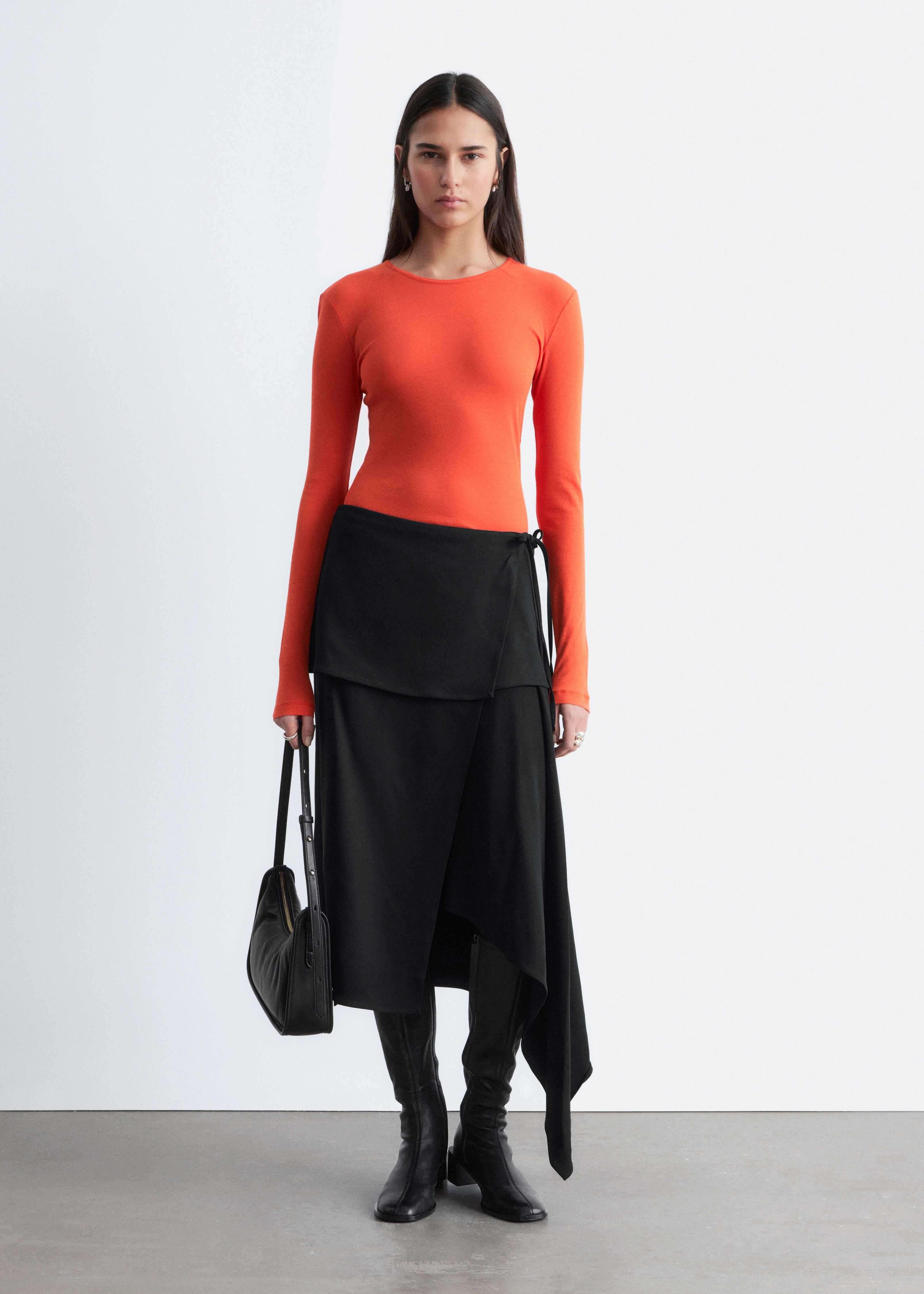 Asymmetric Wrap Midi Skirt - Black