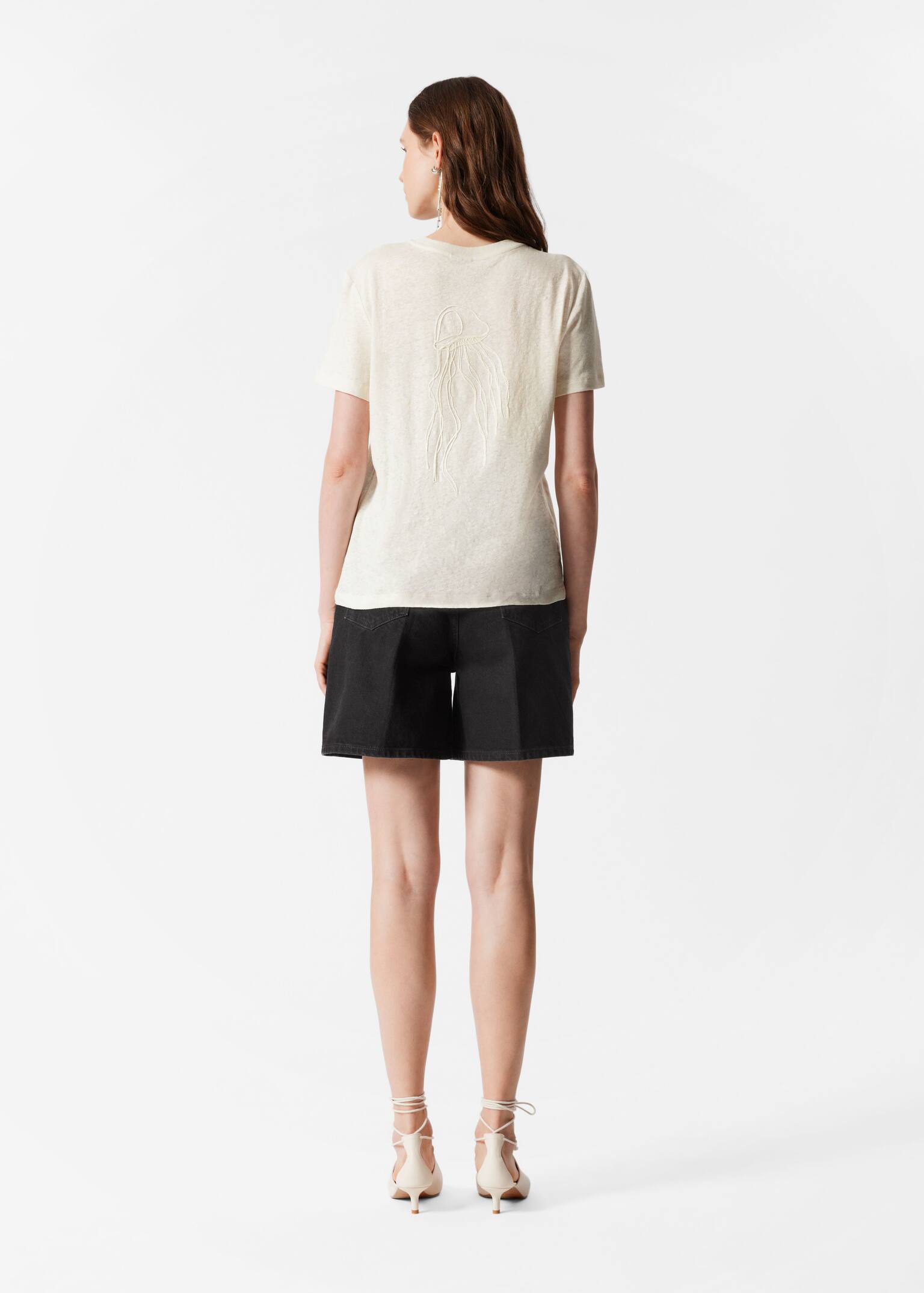 T-shirt z domieszką lnu - Kremowy - 5