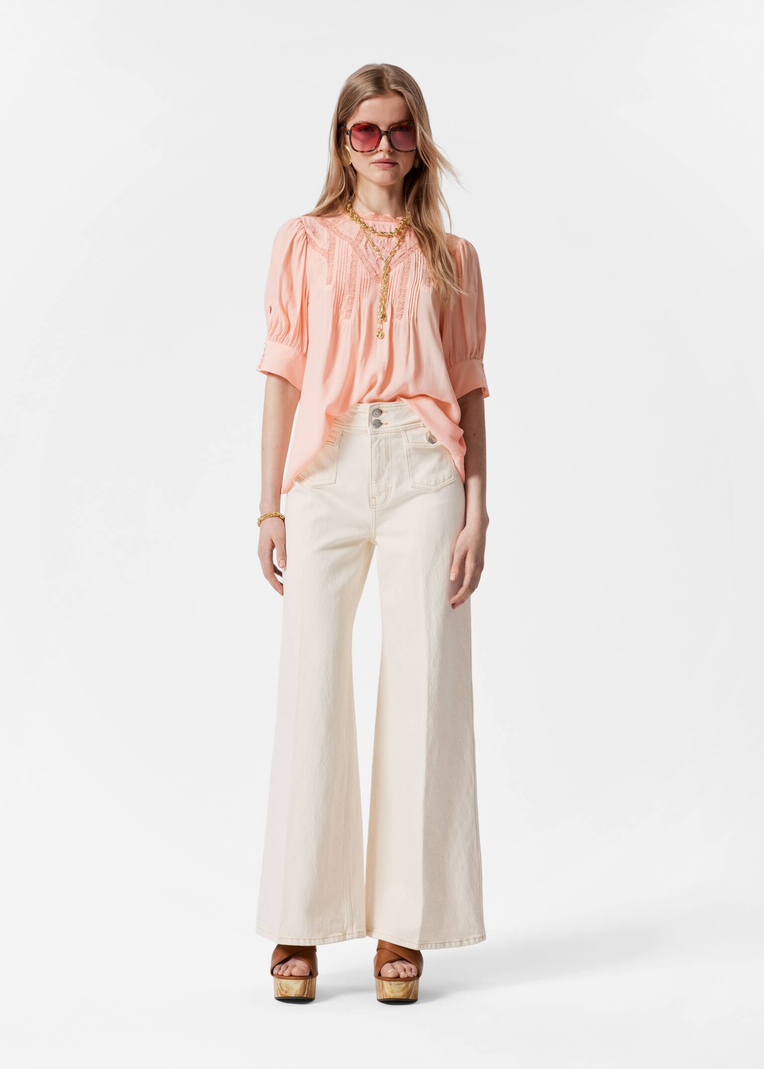 Blusa in pizzo ricamata - Pesca/Nero/Stampa floreale/Nero - 3