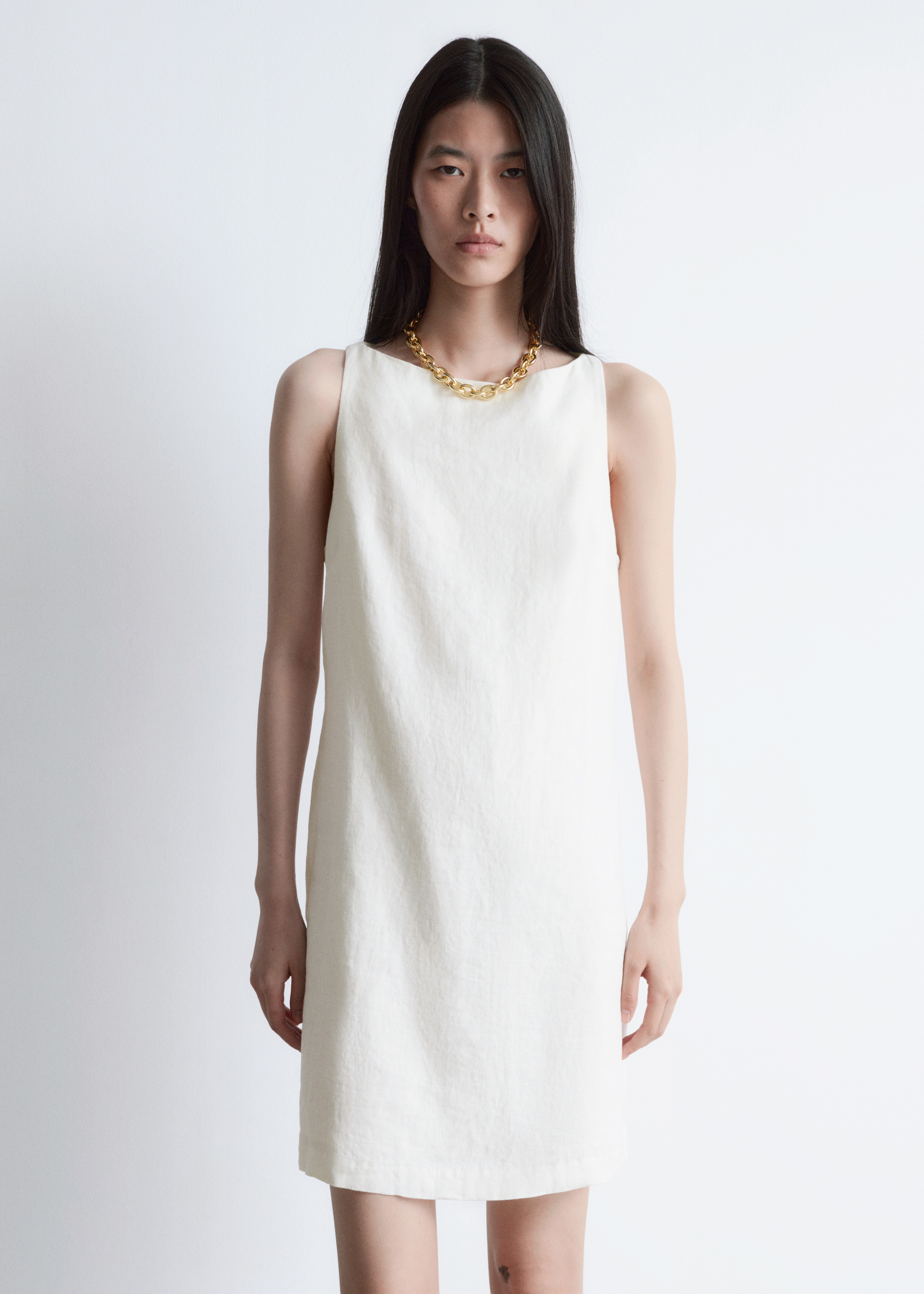 Rochie mini din in - White/Negru