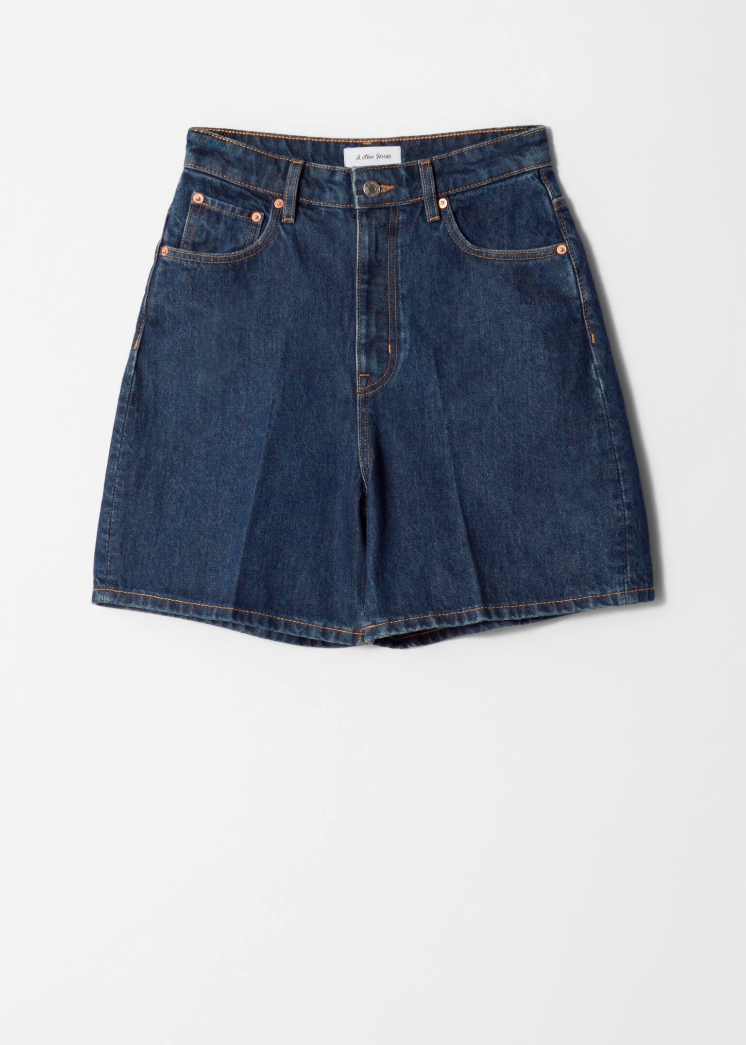 Pantaloni scurți denim cu crac larg - Albastru Mediu/Bej/Negru - 2