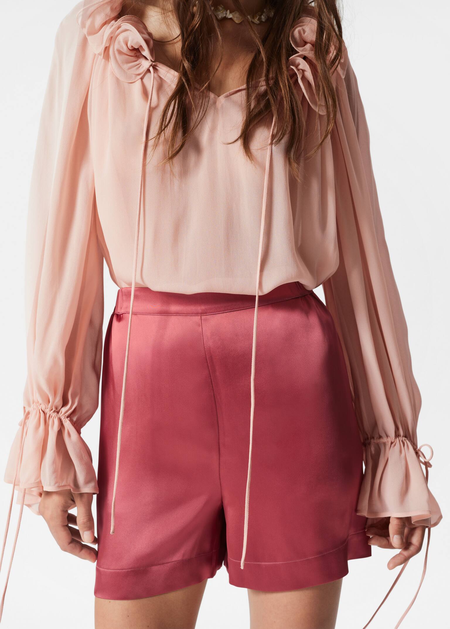 Șorturi din satin cu talie elastică - Roz închis/Maro închis/Verde Deschis - 5