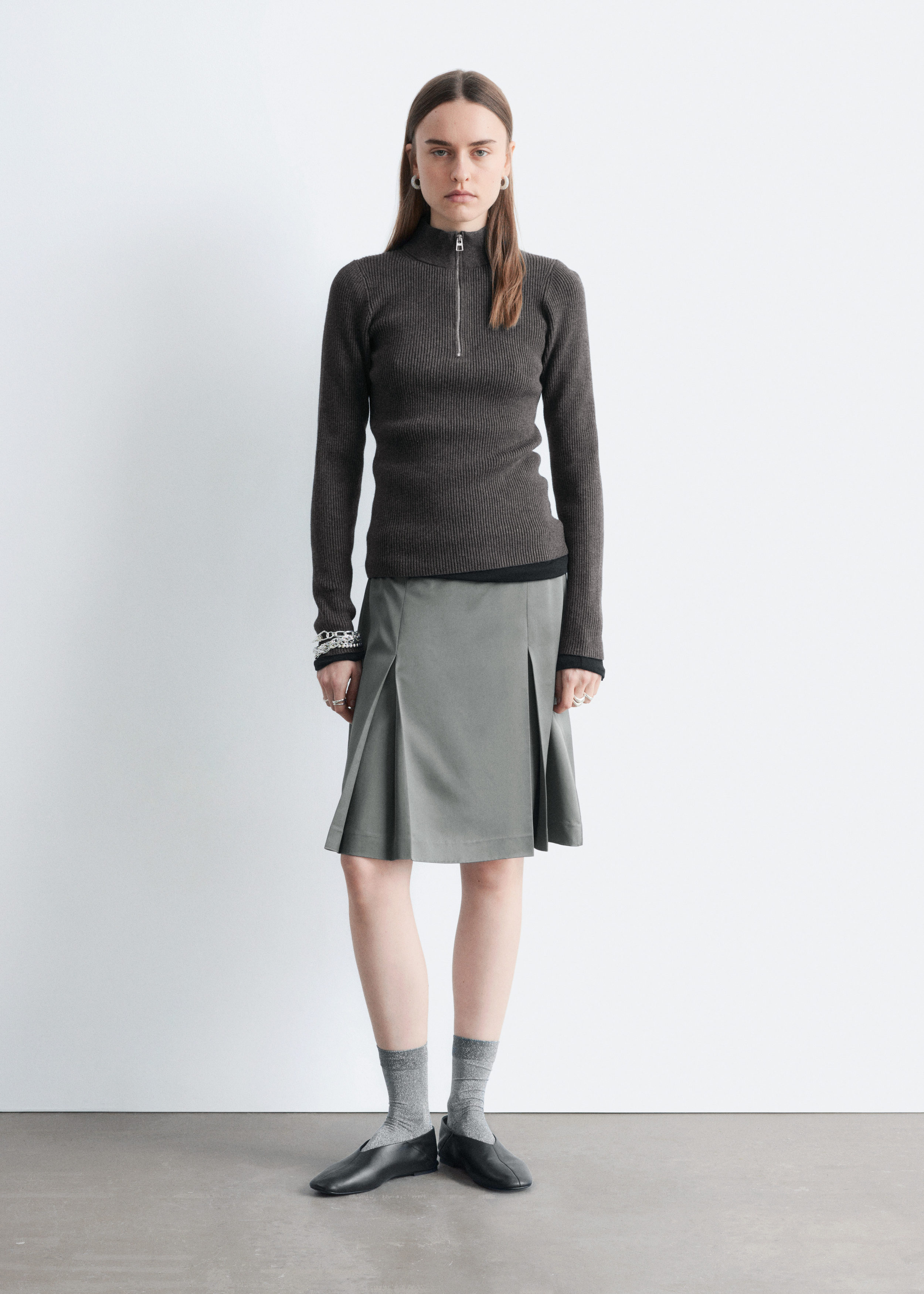 Pleated Knee-Length Satin Skirt - Grey - & Other Stories US
