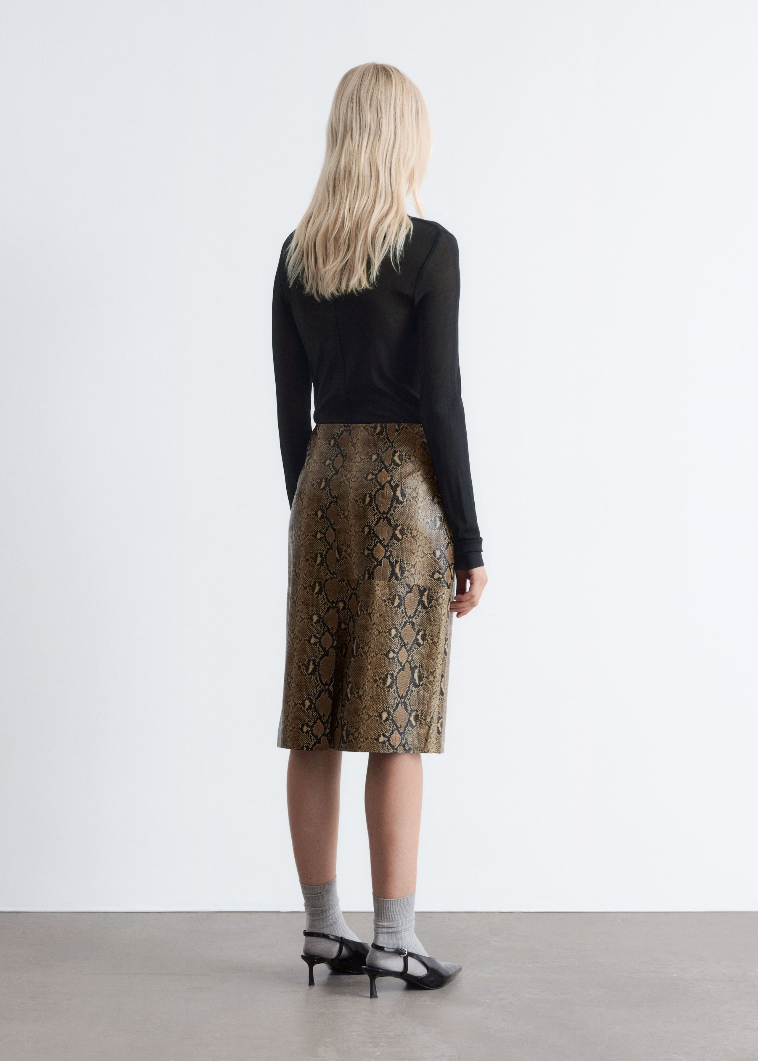 Image of Snake Pattern Leather Midi Skirt