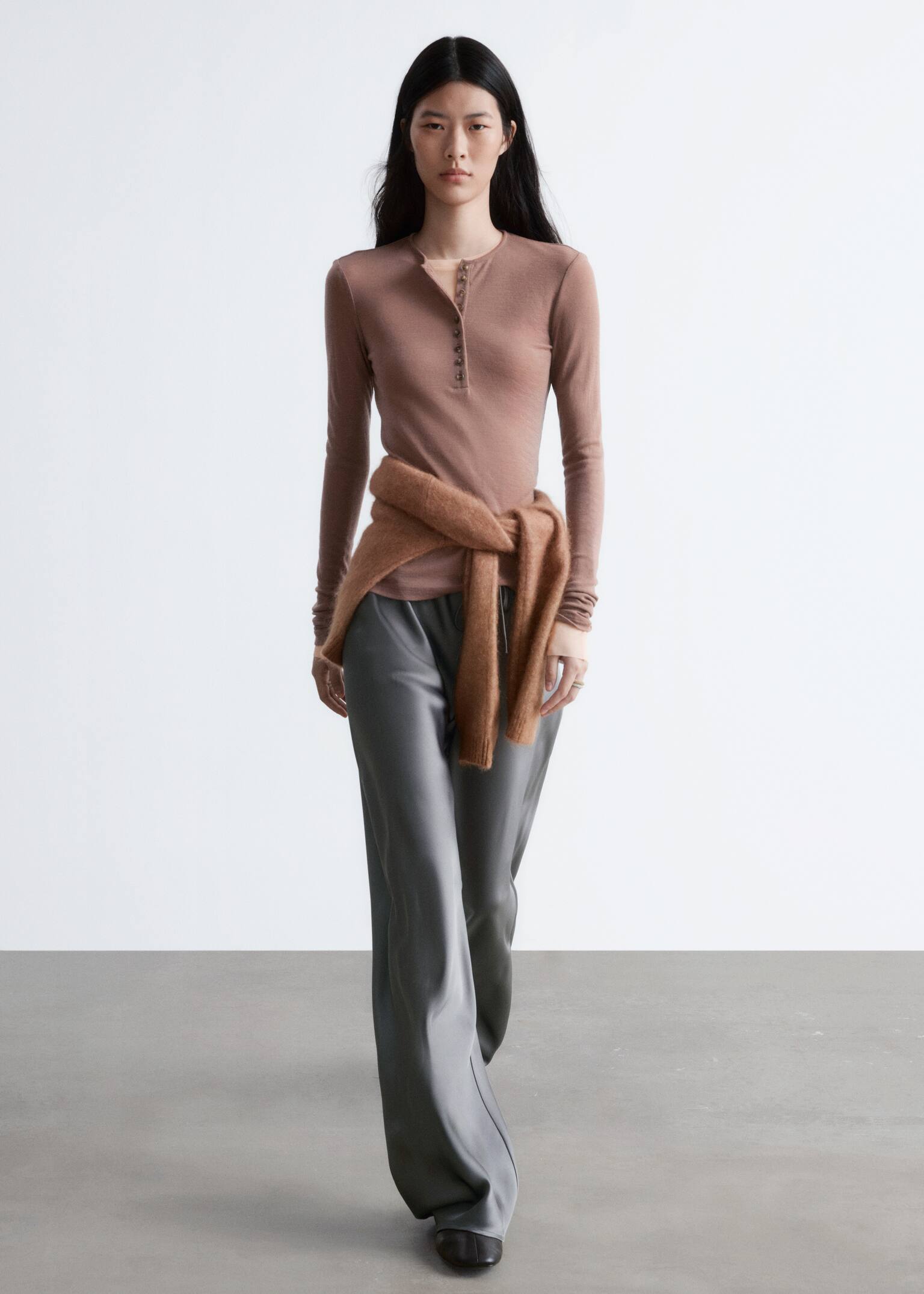 Pantalon en satin à cordon de serrage - Gris/Noir - 3