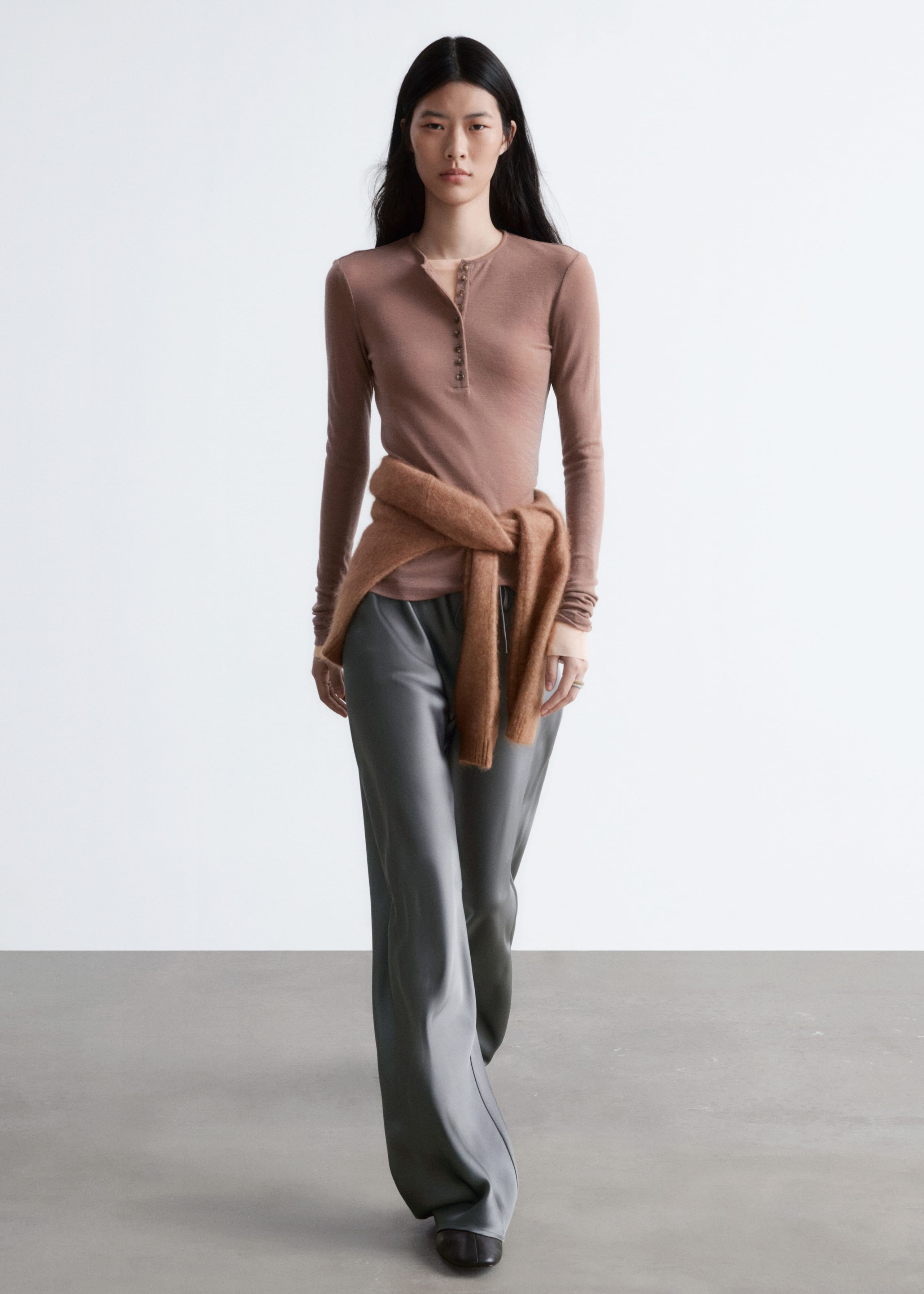 Drawstring Satin Trousers - Grey - Lookbook