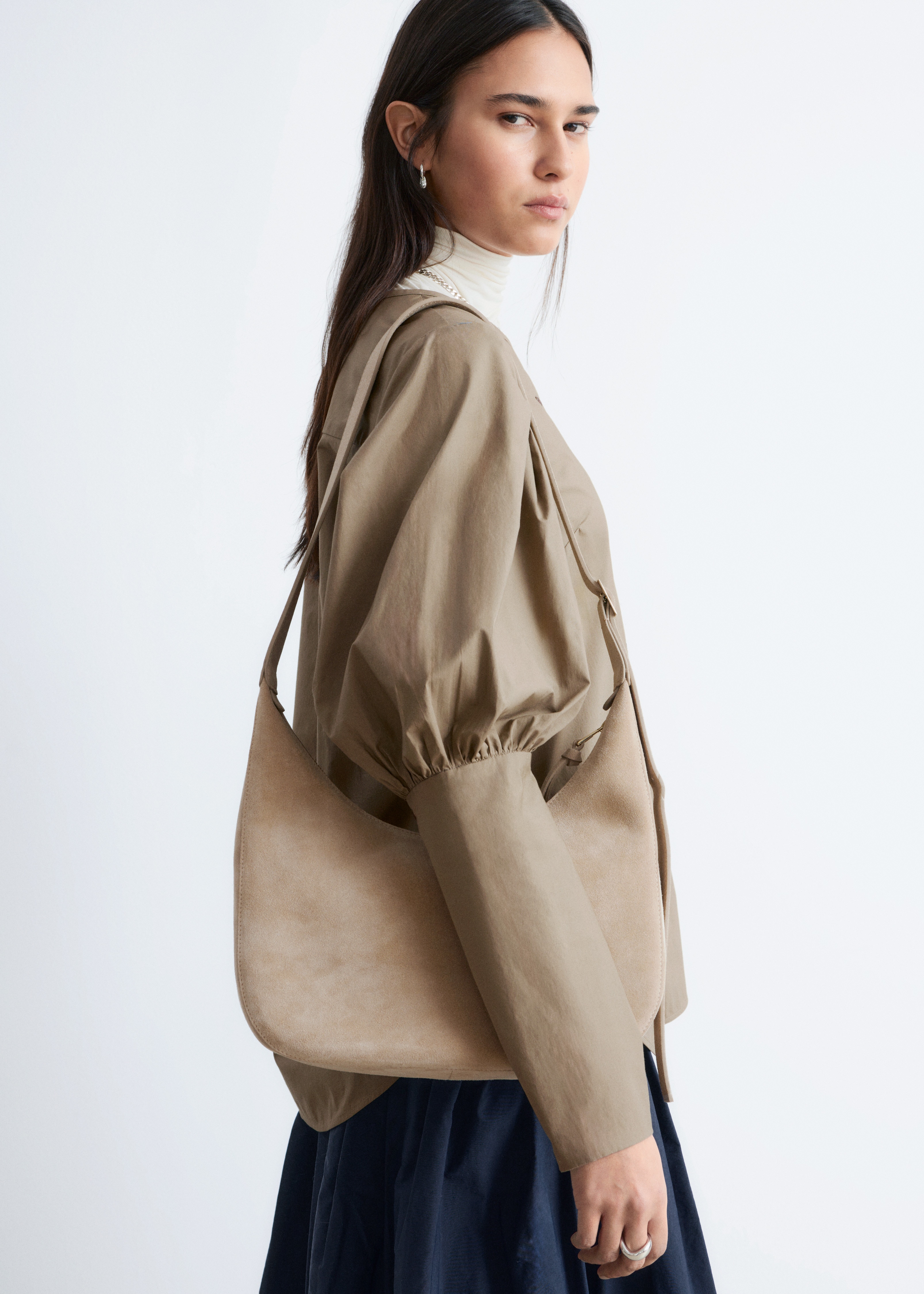 Sac à bandoulière en cuir - Daim beige/Dusty Blue