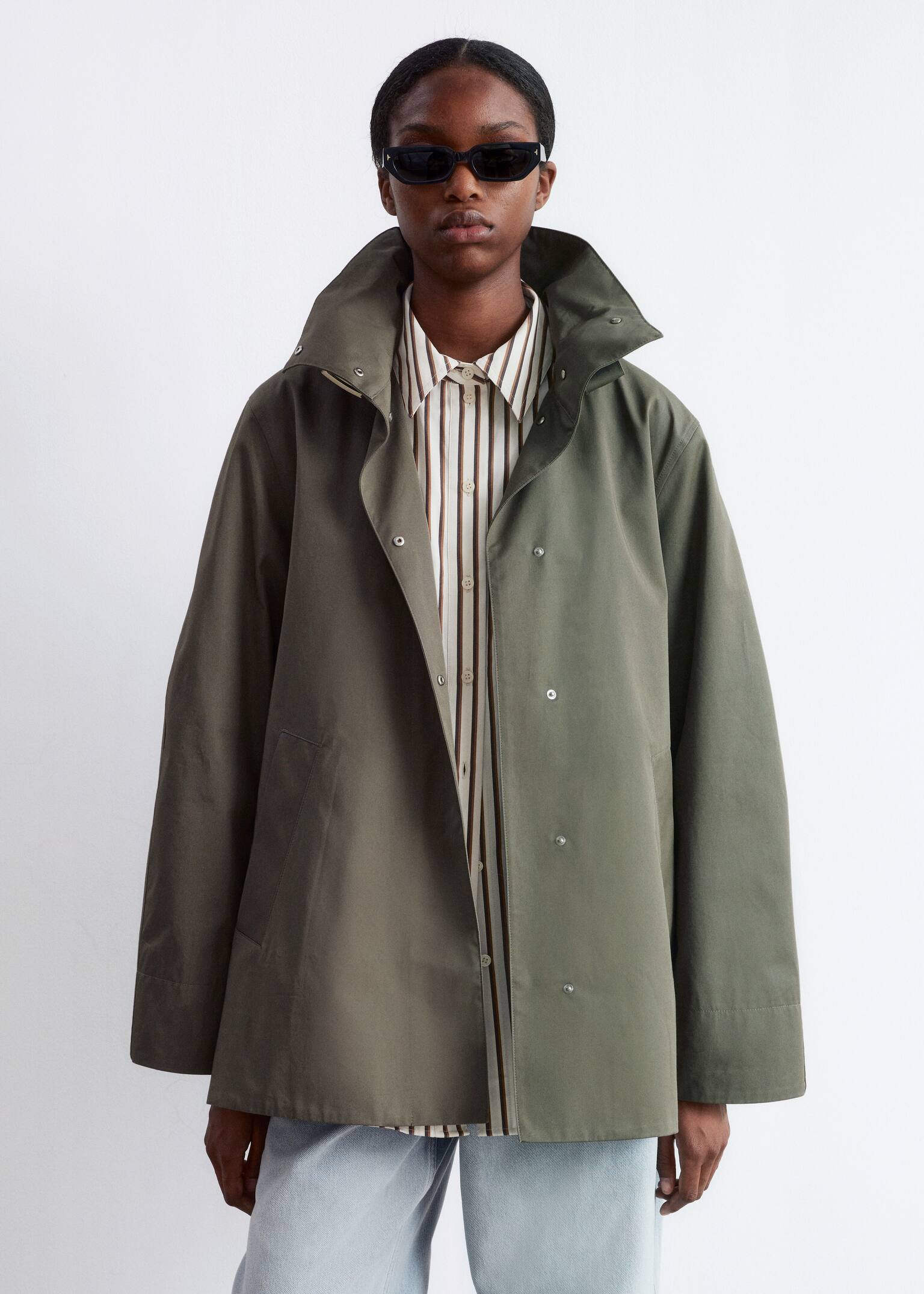 Veste trapèze à col cheminée - Vert kaki/Beige/Bleu foncé - 7