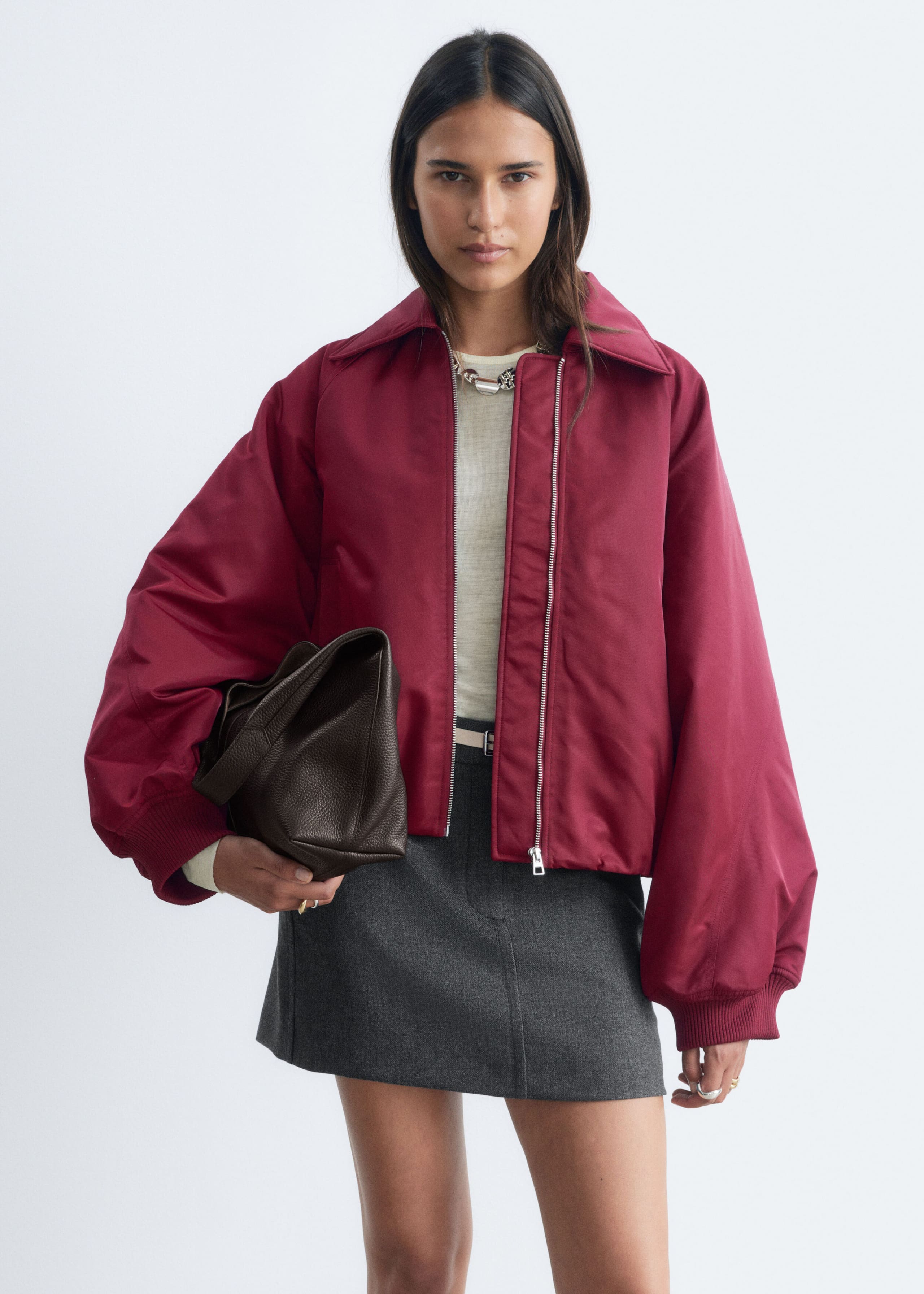 Collared Bomber Jacket - Burgundy - Lookbook