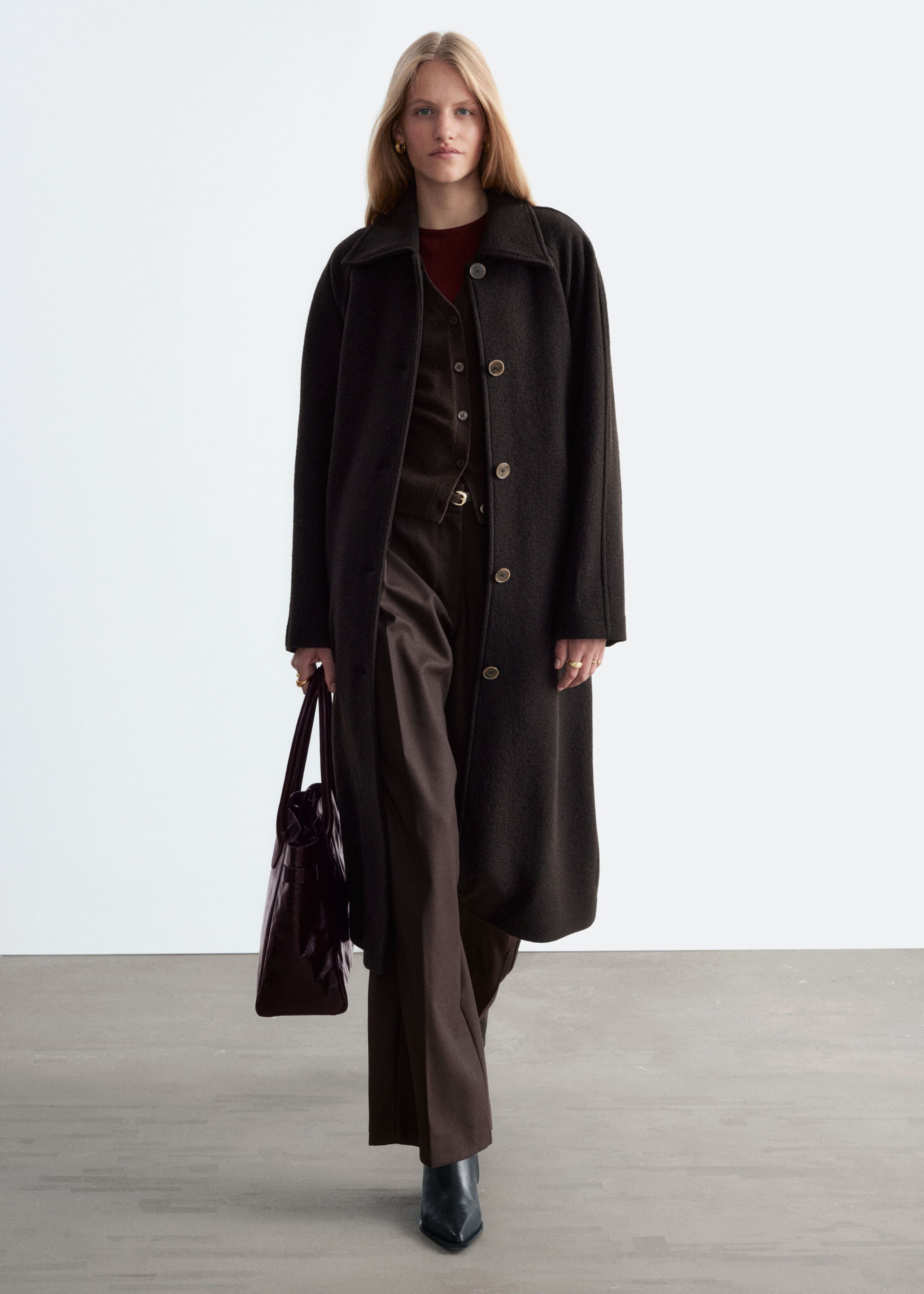 Bouclé Wool Car Coat - Dark Brown - Lookbook