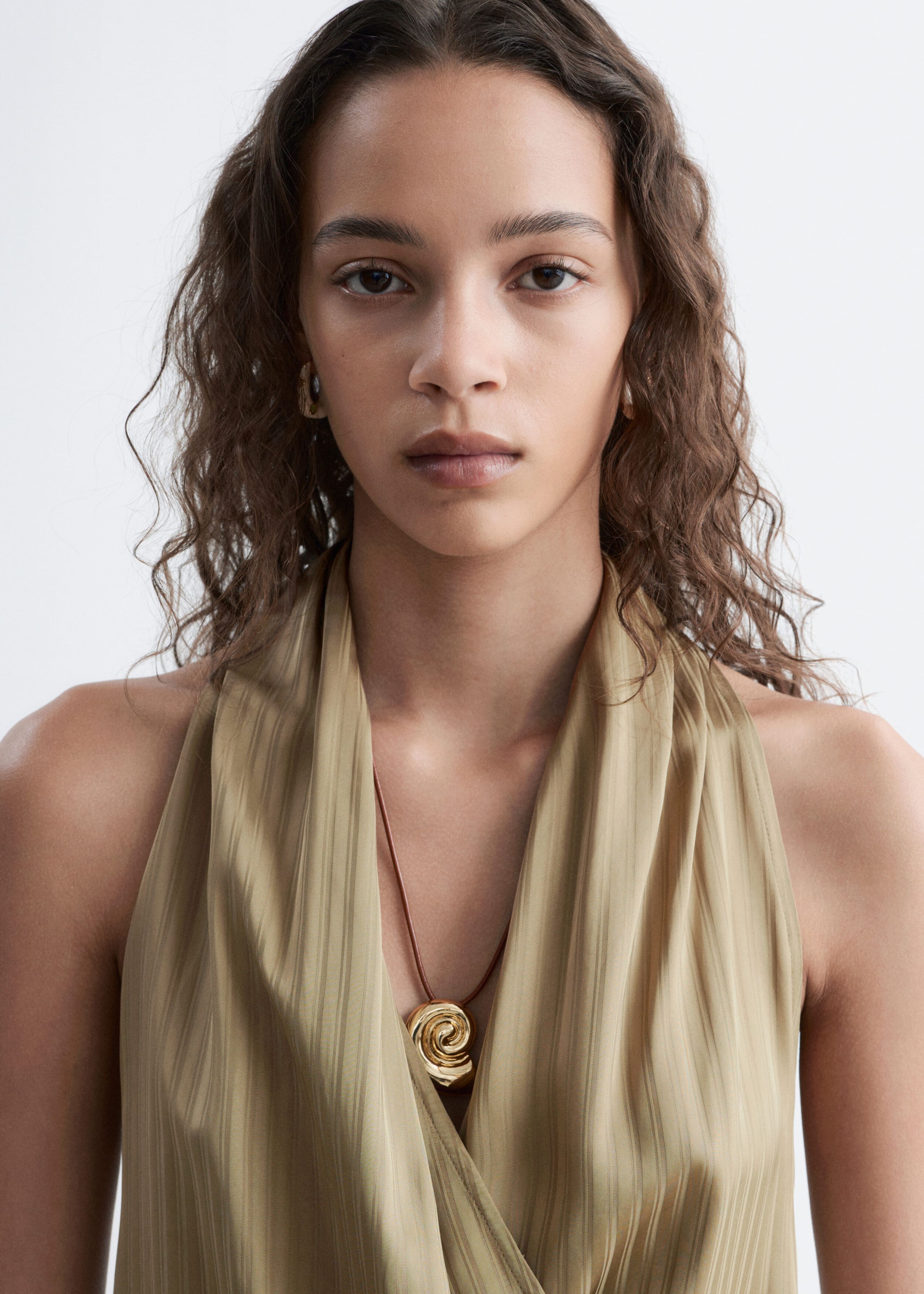 Pleated Neck Wrap Top - Dark Beige - Lookbook