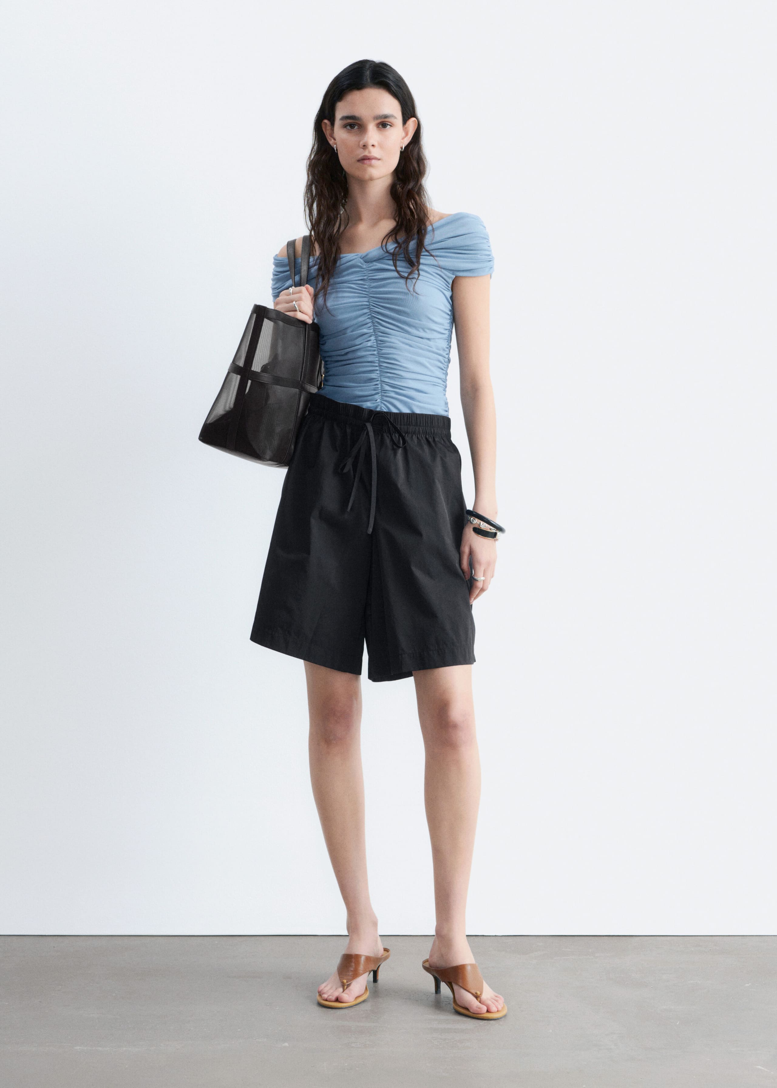 Ruched V-neck Mesh Top - Dusty Blue - Lookbook