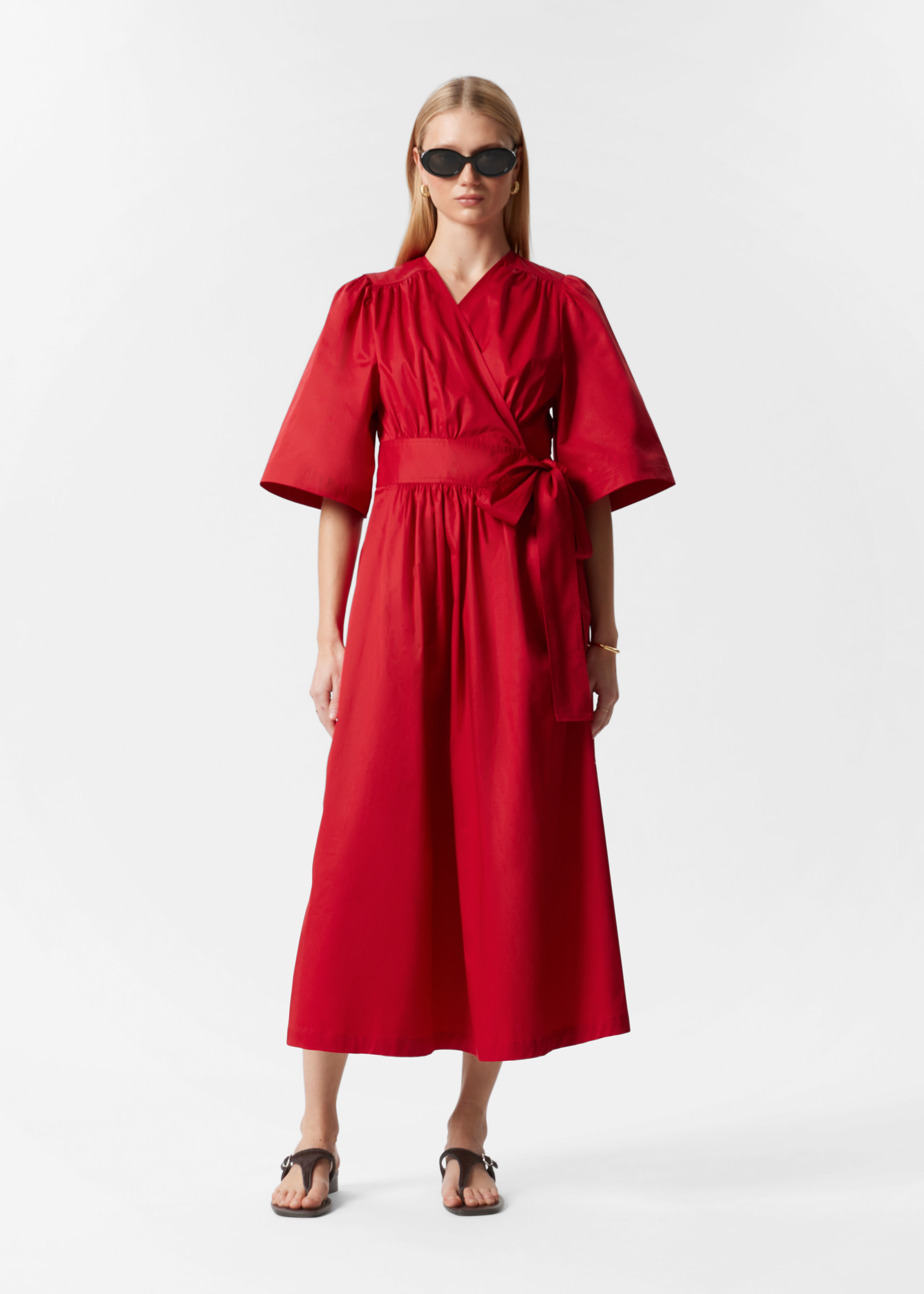 Zavinuté midi šaty - Červená/Tmavě hnědá