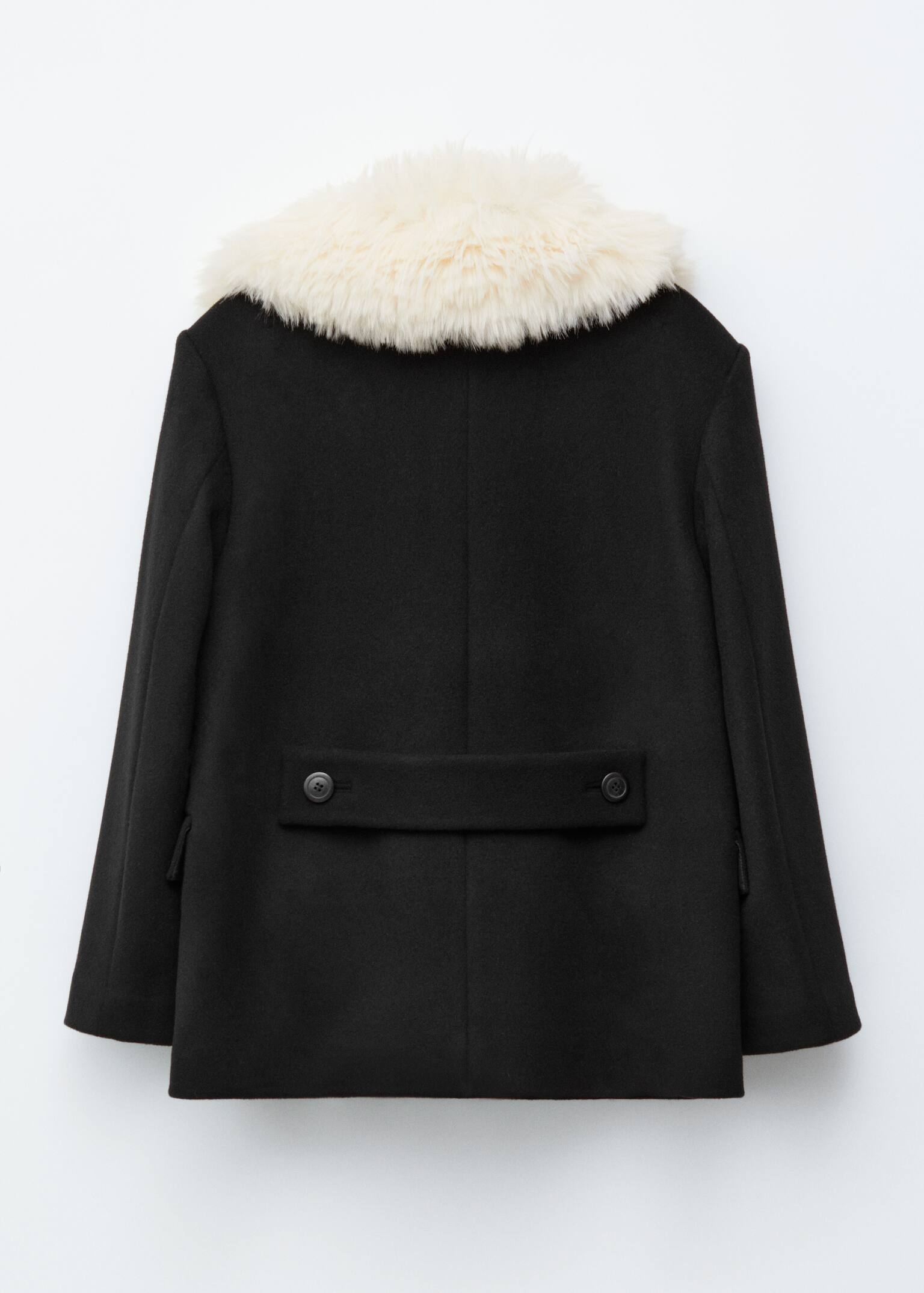 Short Fur-Collar Wool Coat - Black - 4