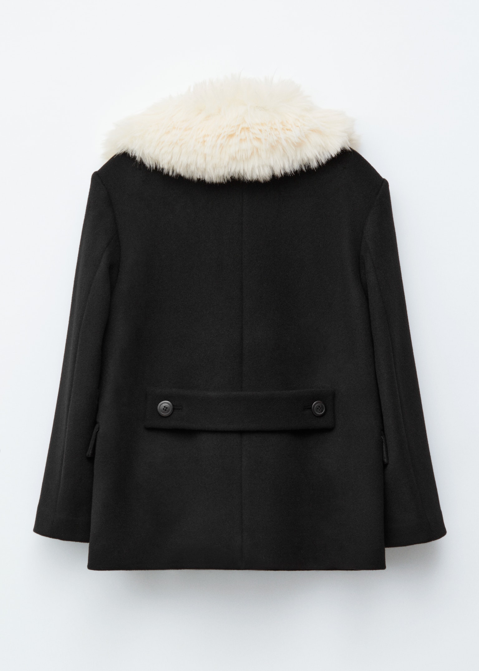 Short Fur-Collar Wool Coat - Black - 3
