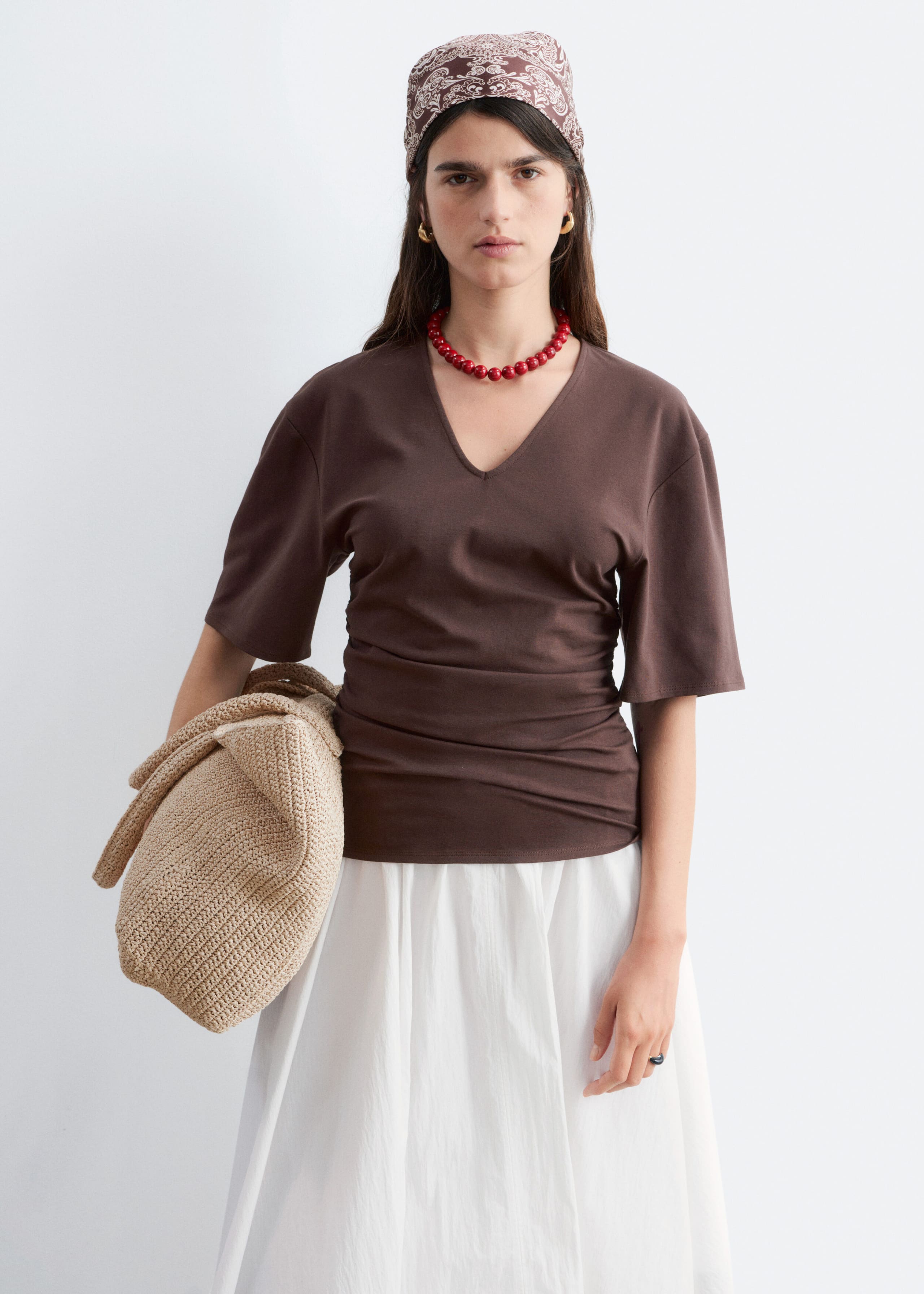 Image of T-shirt froncé à col en V