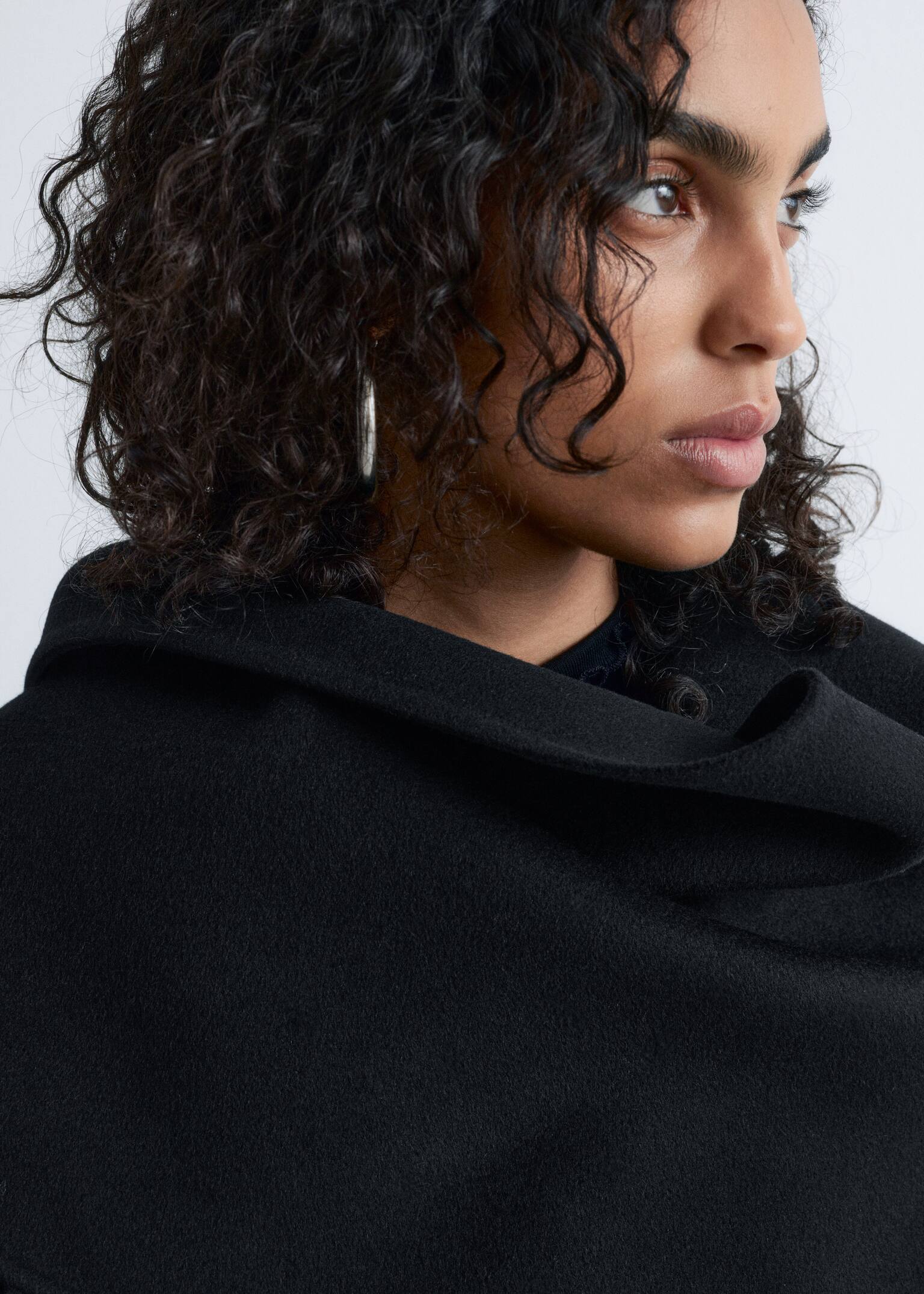 Fringed Shawl Wool Coat - Black - 9