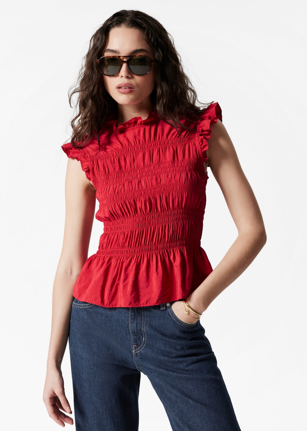Haut volanté à smocks - Motif bleu foncé - Lookbook