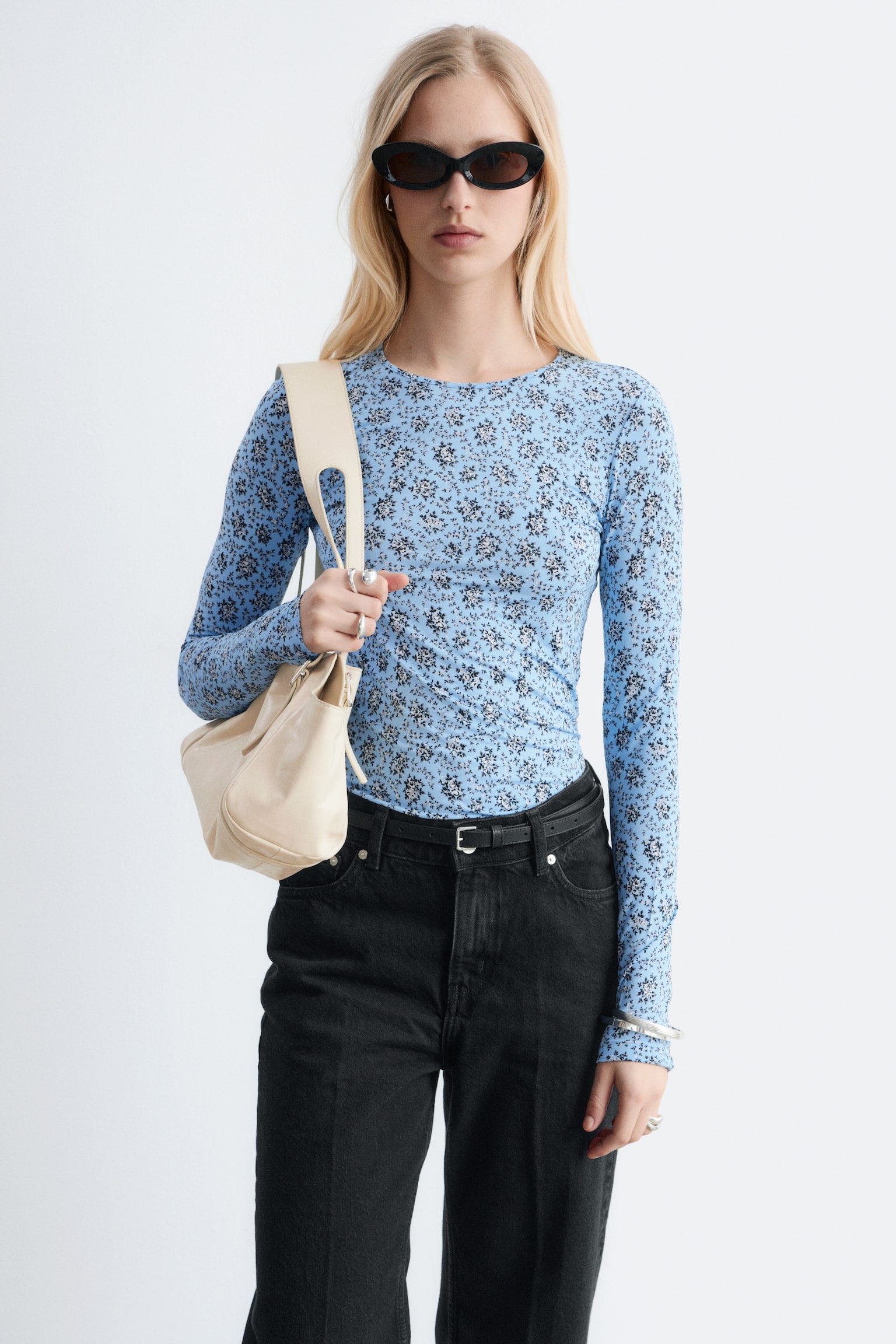 Maglia in jersey a maniche lunghe - Azzurro/Motivo floreale/Motivo a quadri grigio/verde - 1