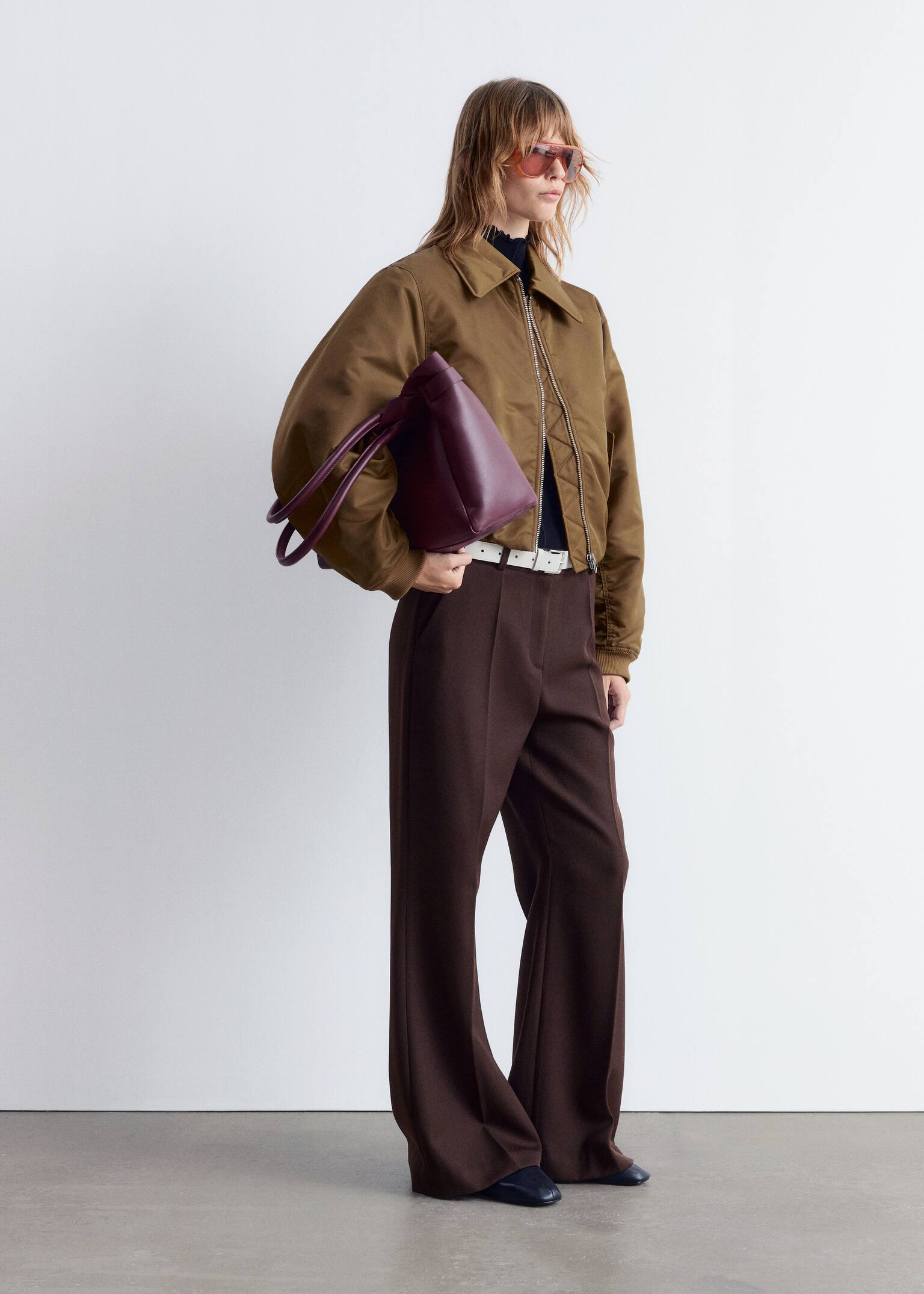 Cropped Bomber Jacket - Khaki Brown/Dark Brown - 5