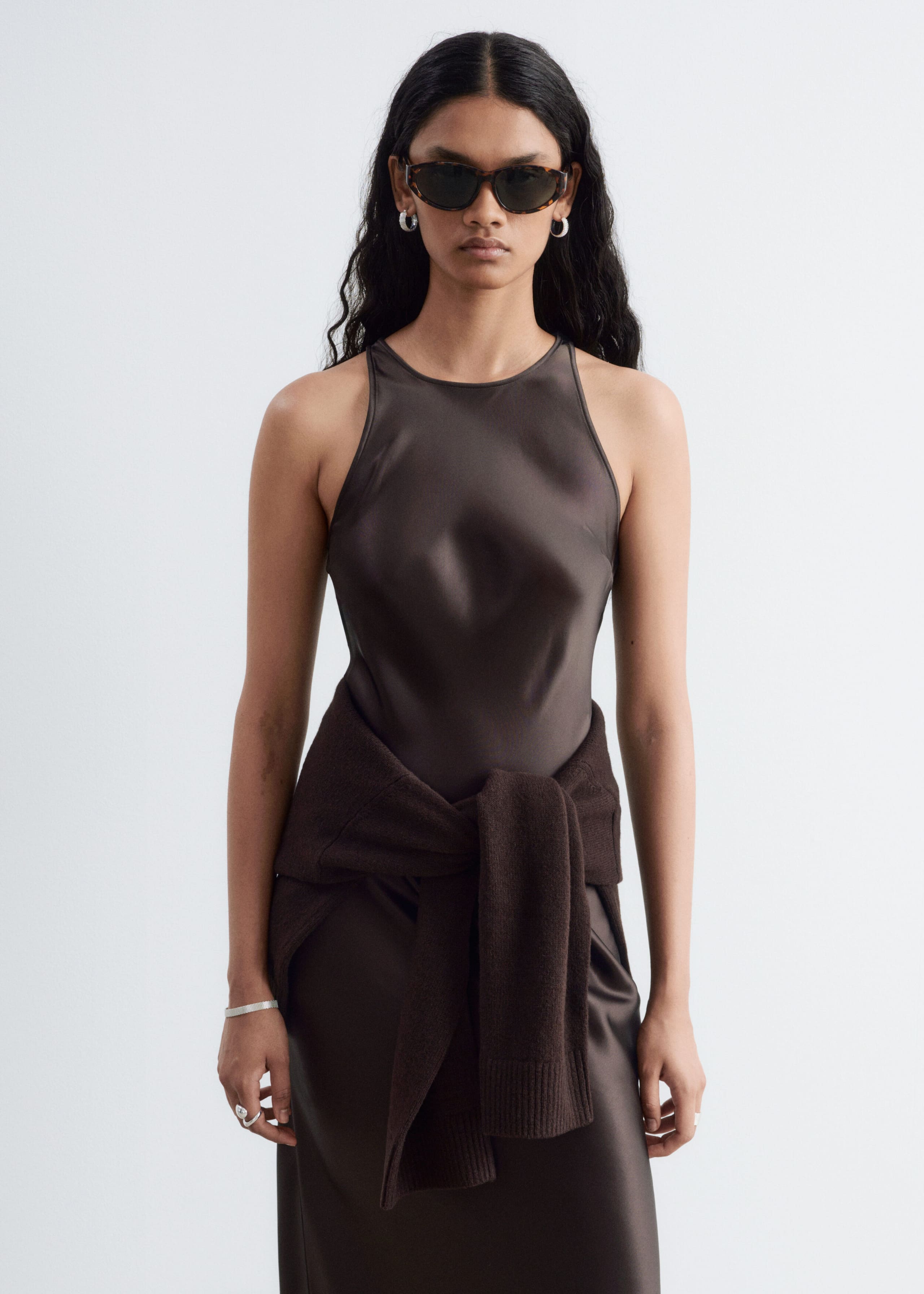 Sleeveless Satin Midi Dress - Dark Brown - Still Life