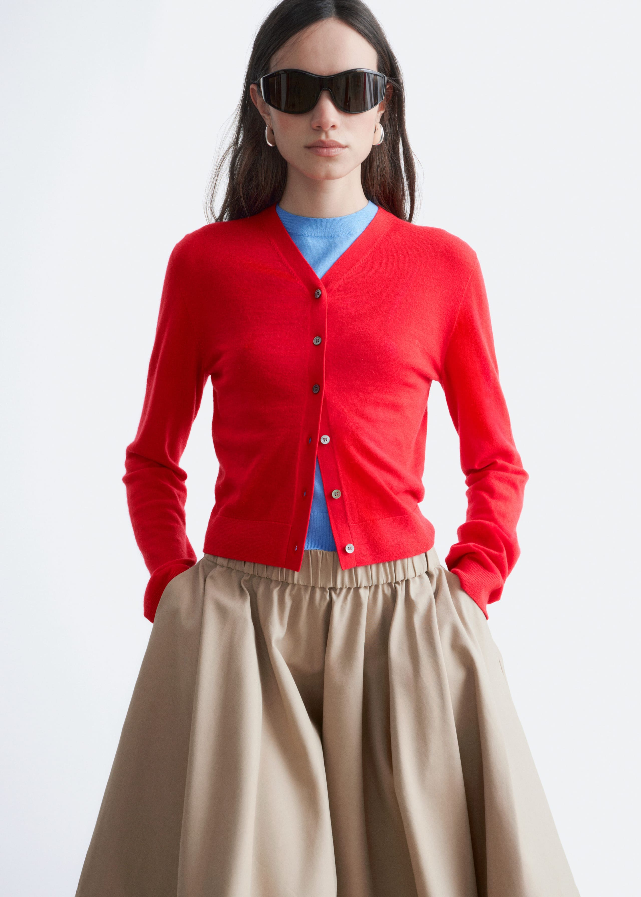 Cropped Cashmere Cardigan - Bright Red - Lookbook