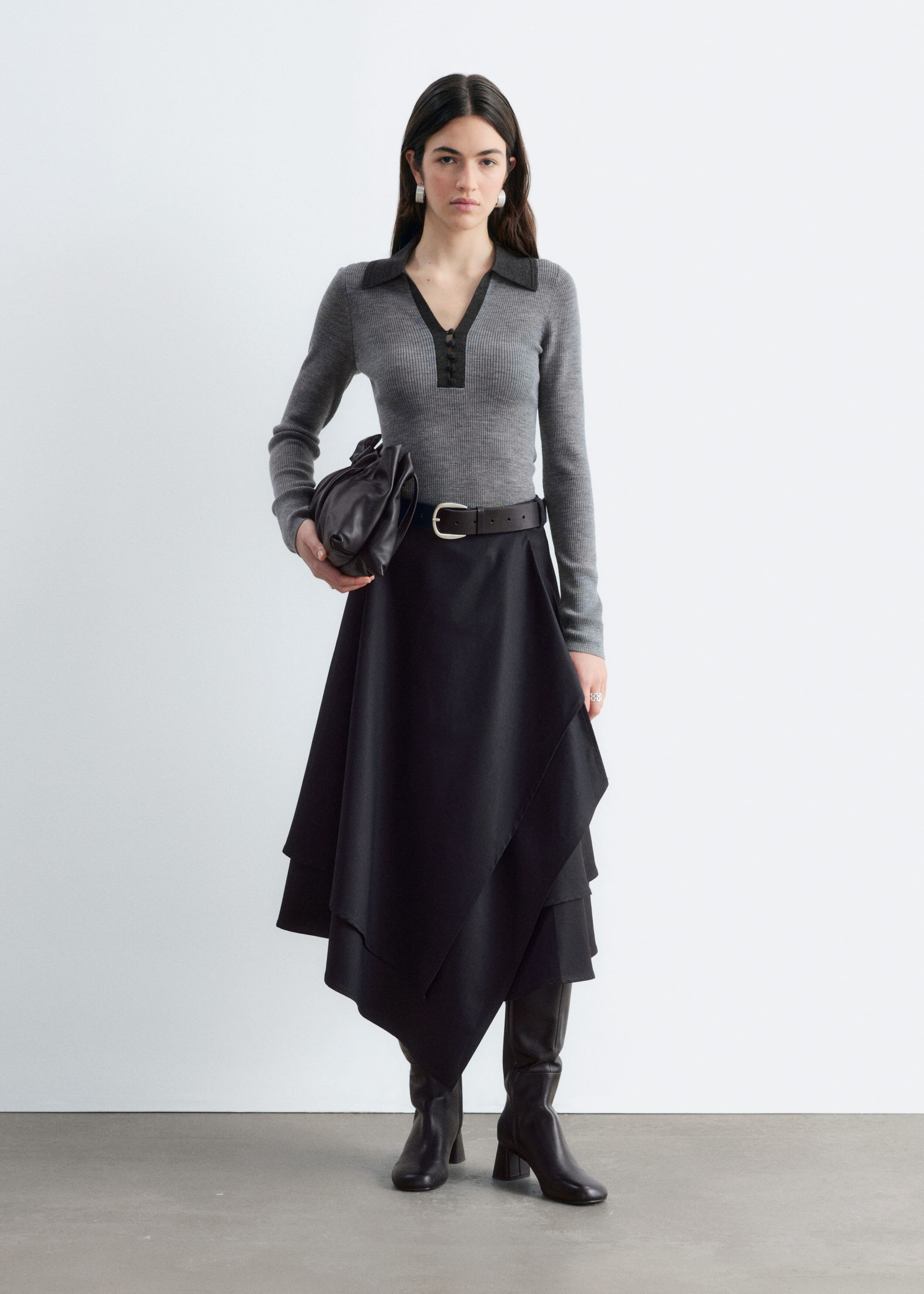 Button-Detail Wool Top - Dark Brown - Lookbook