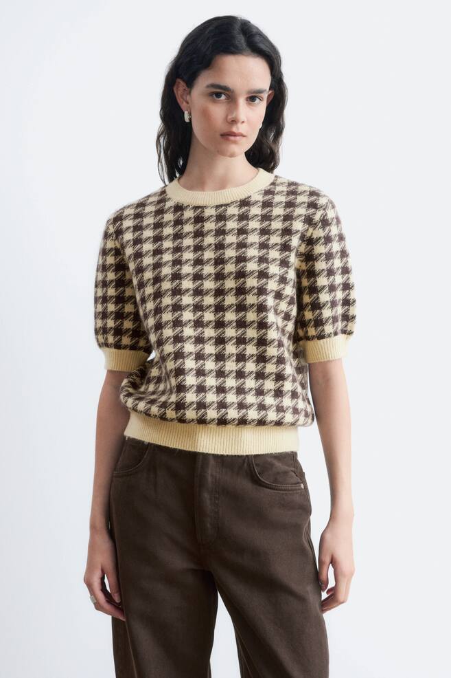 Top van een mohairmix - Bruin/geel pied-de-poule/Donkerblauw/koelblauw - 1