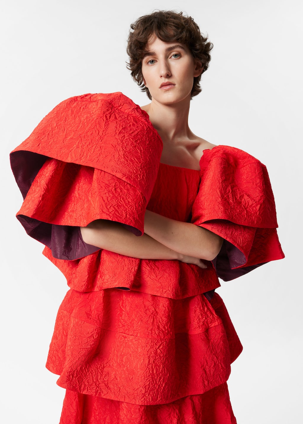 Vestido midi de jacquard con volantes - Rojo - Lookbook