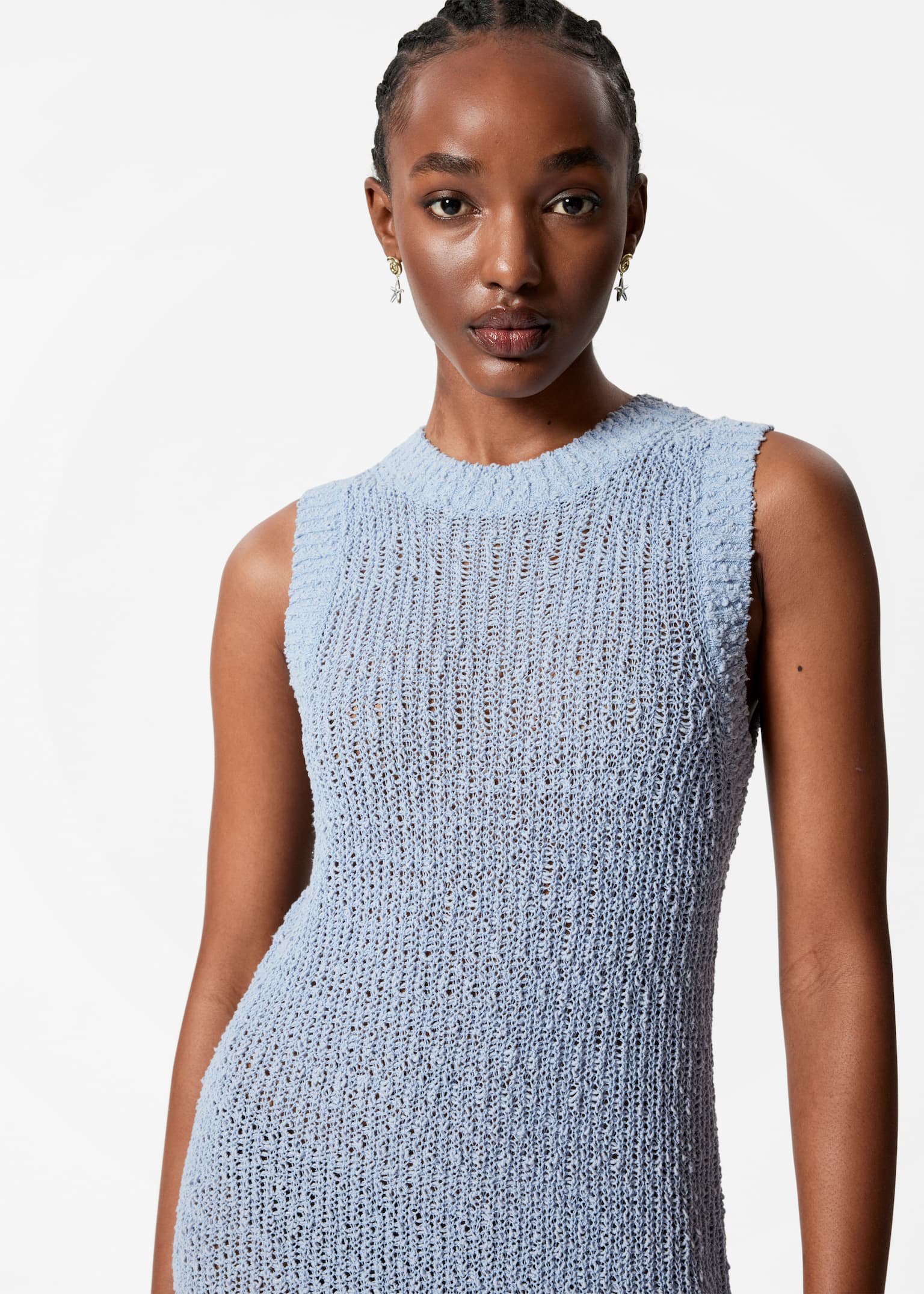 Abito midi in misto seta senza maniche - Blu polvere/Bianco - 3