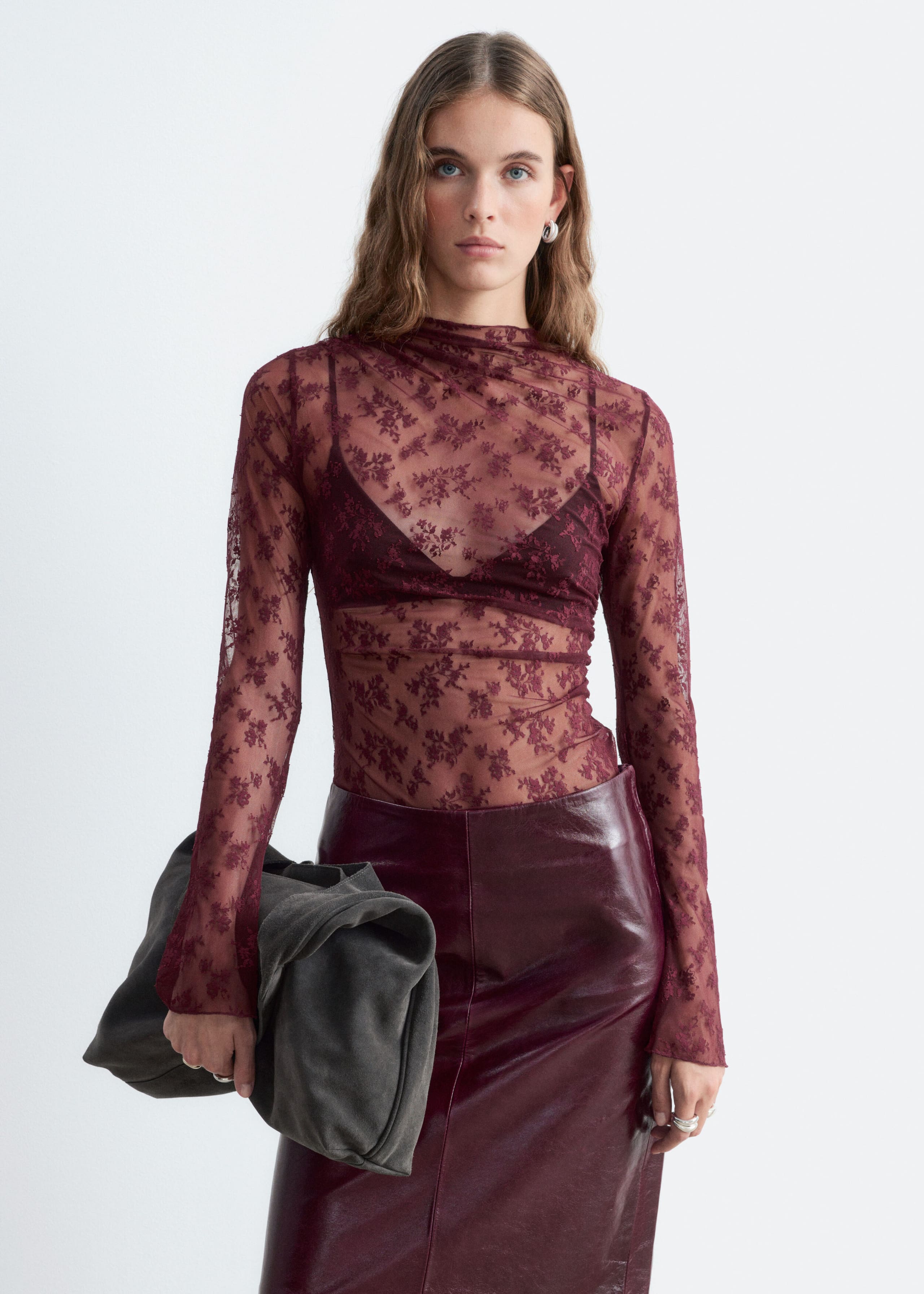 Mock-Neck Lace Top - Dark Red - Lookbook