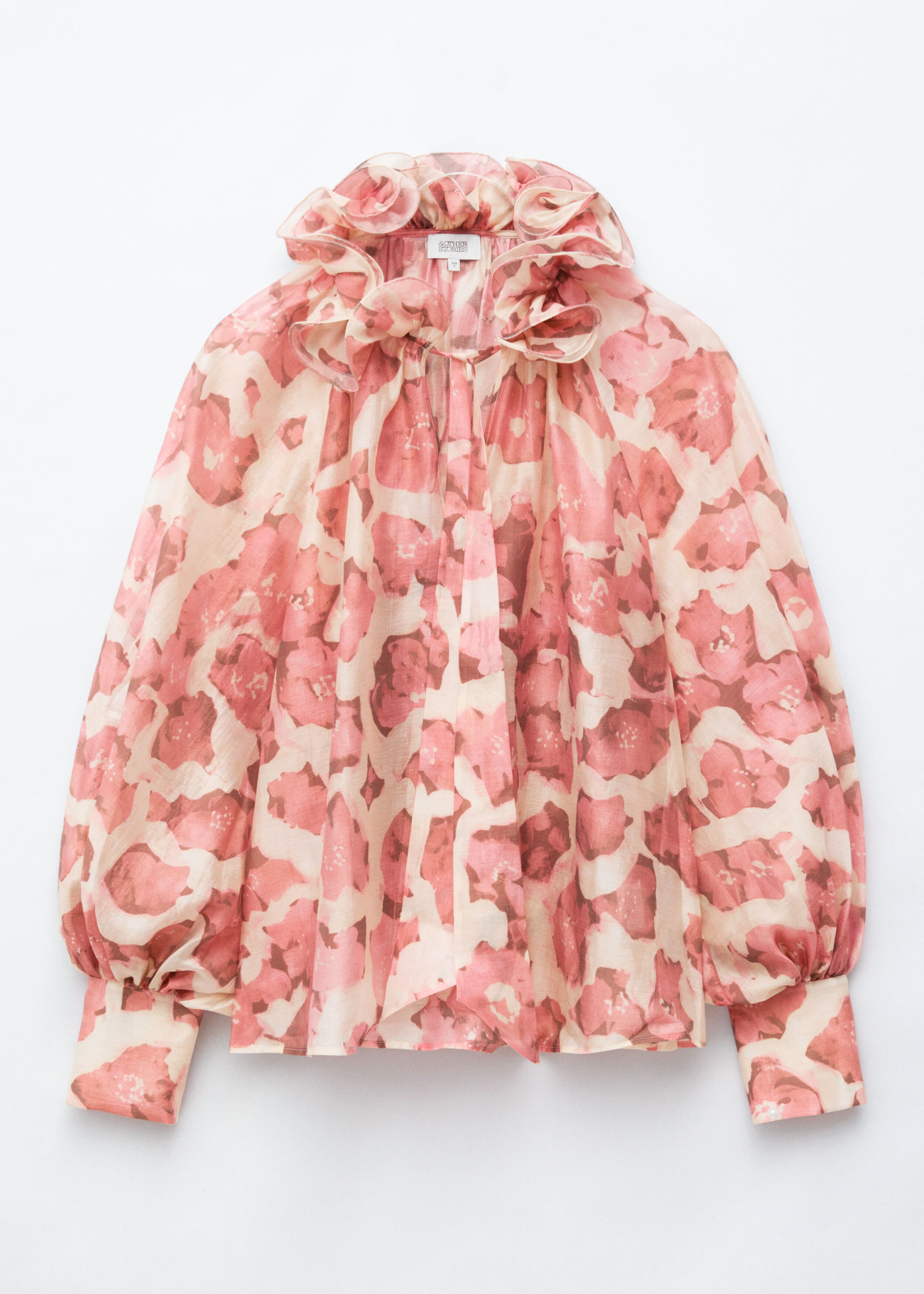 Ruffle Neck Voluminous Blouse - Pink/Florals - Lookbook