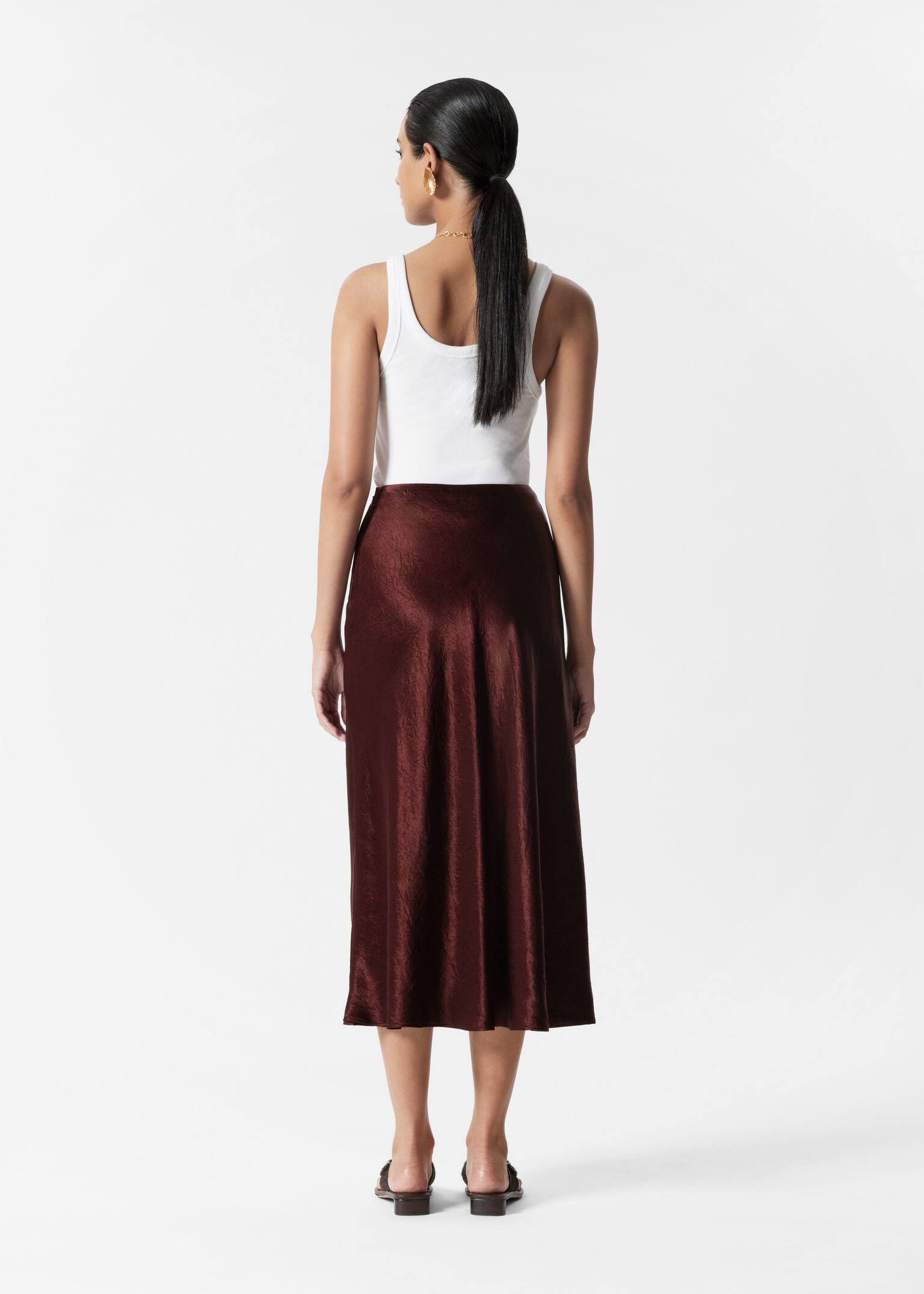 Drawstring Satin Midi Skirt - Dark Red/Sage Green - 3