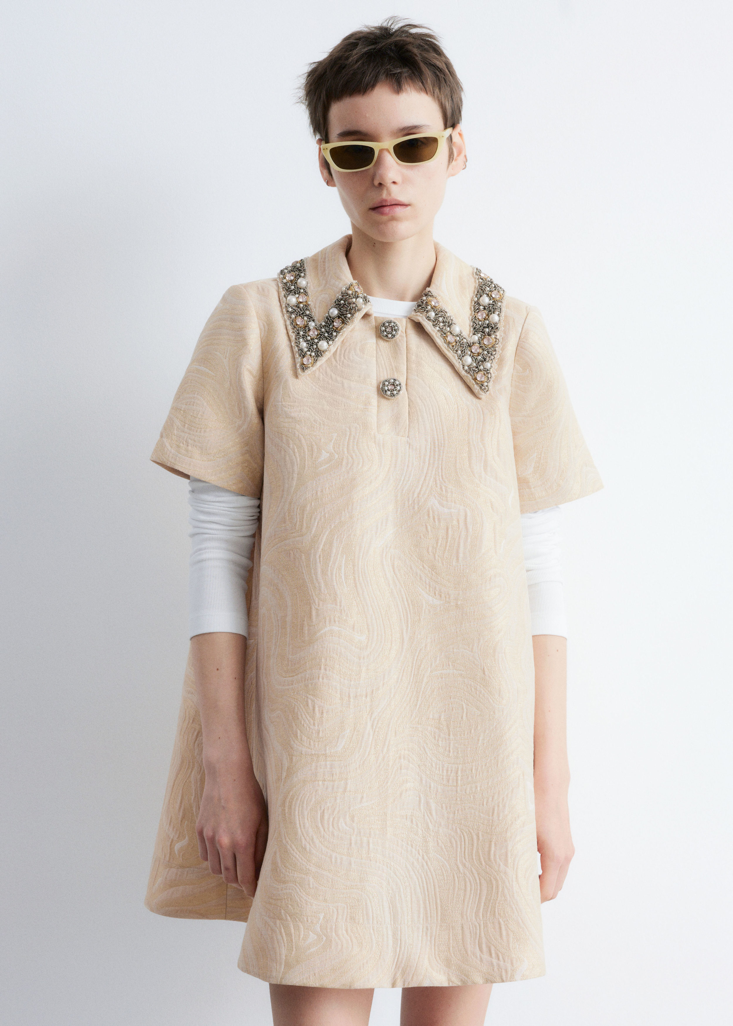 Short-Sleeve Jacquard Mini Dress - Beige/Gold - & Other