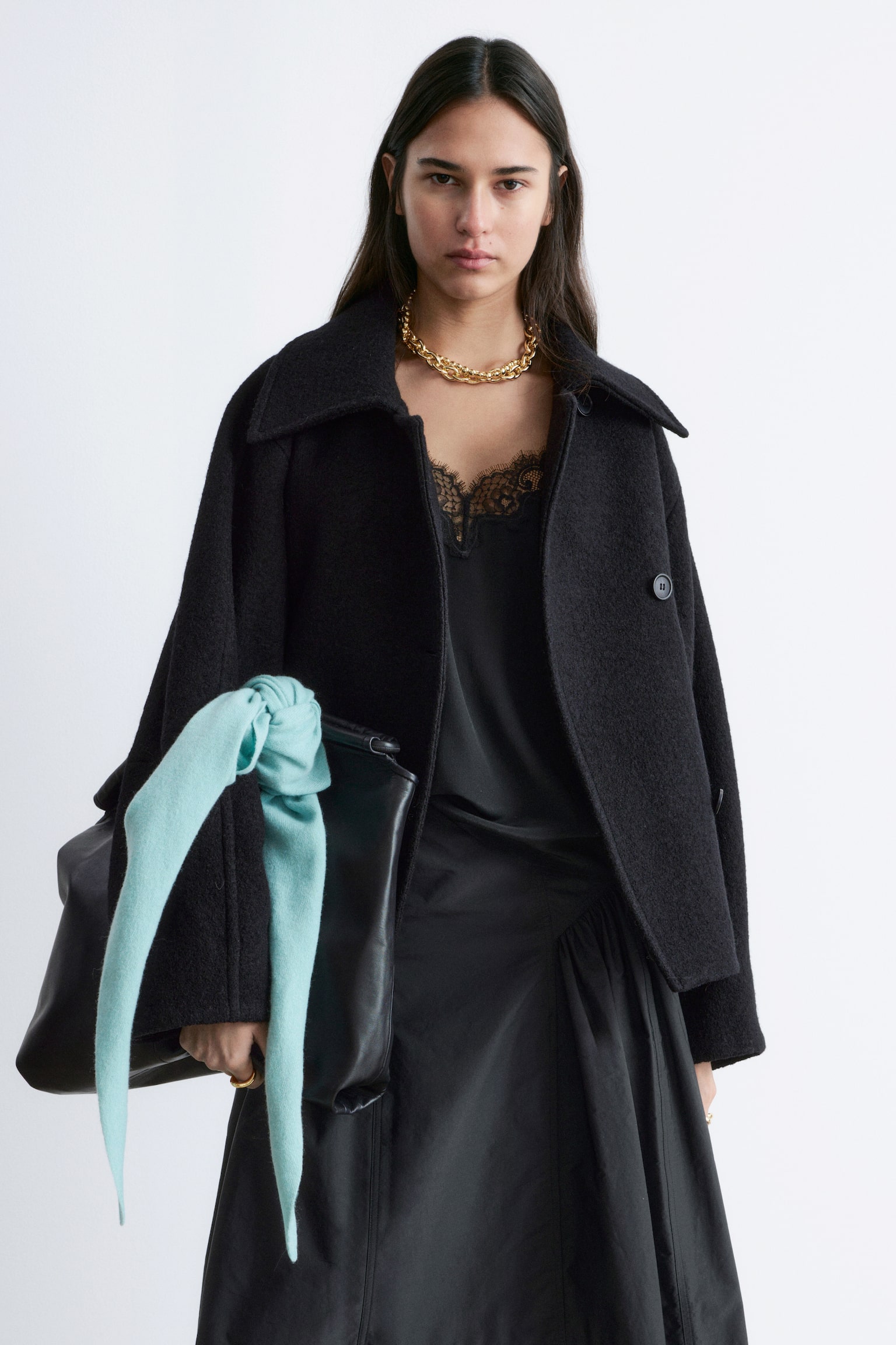 Wełniana kurtka oversize - Czarny/Ciemnozielony khaki - 4