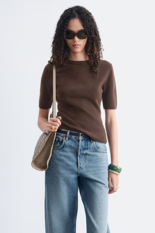 Maglia in cashmere a maniche corte - Marrone scuro/Grigio/Blu - 1