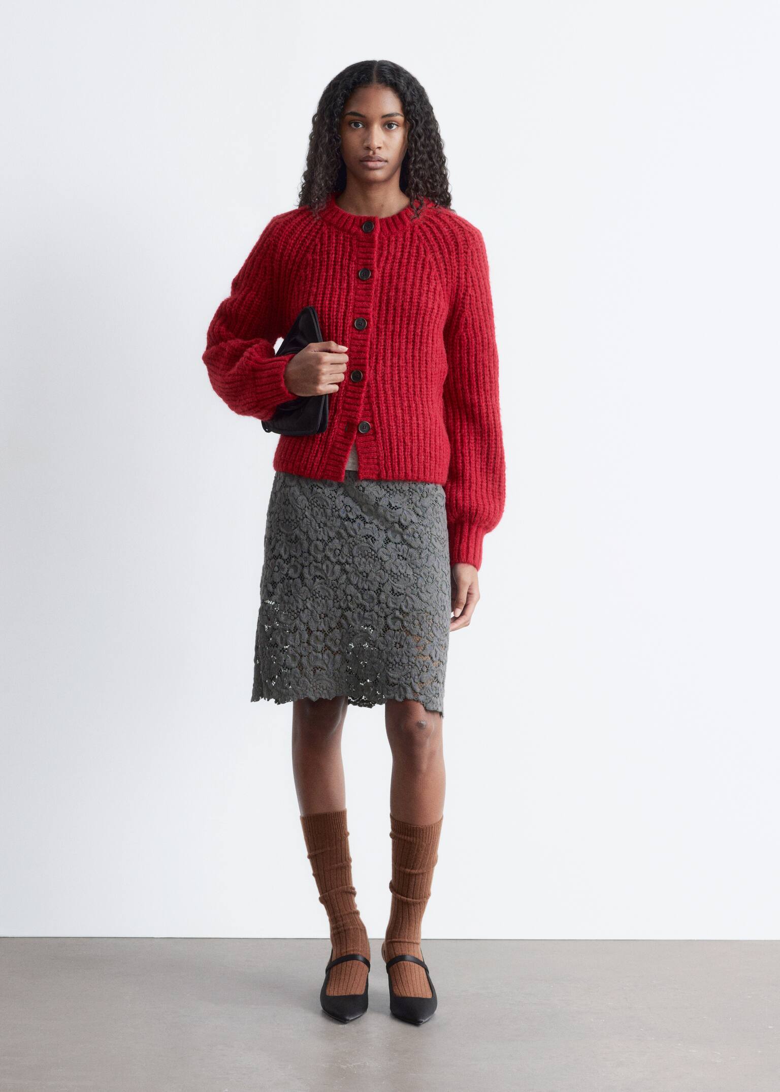 Balloon-Sleeve Cardigan - Red/Cream/Mustard Yellow - 5