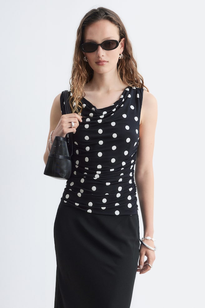 Top fruncido con cuello tipo chal - Negro/Lunares/Amarillo - 1
