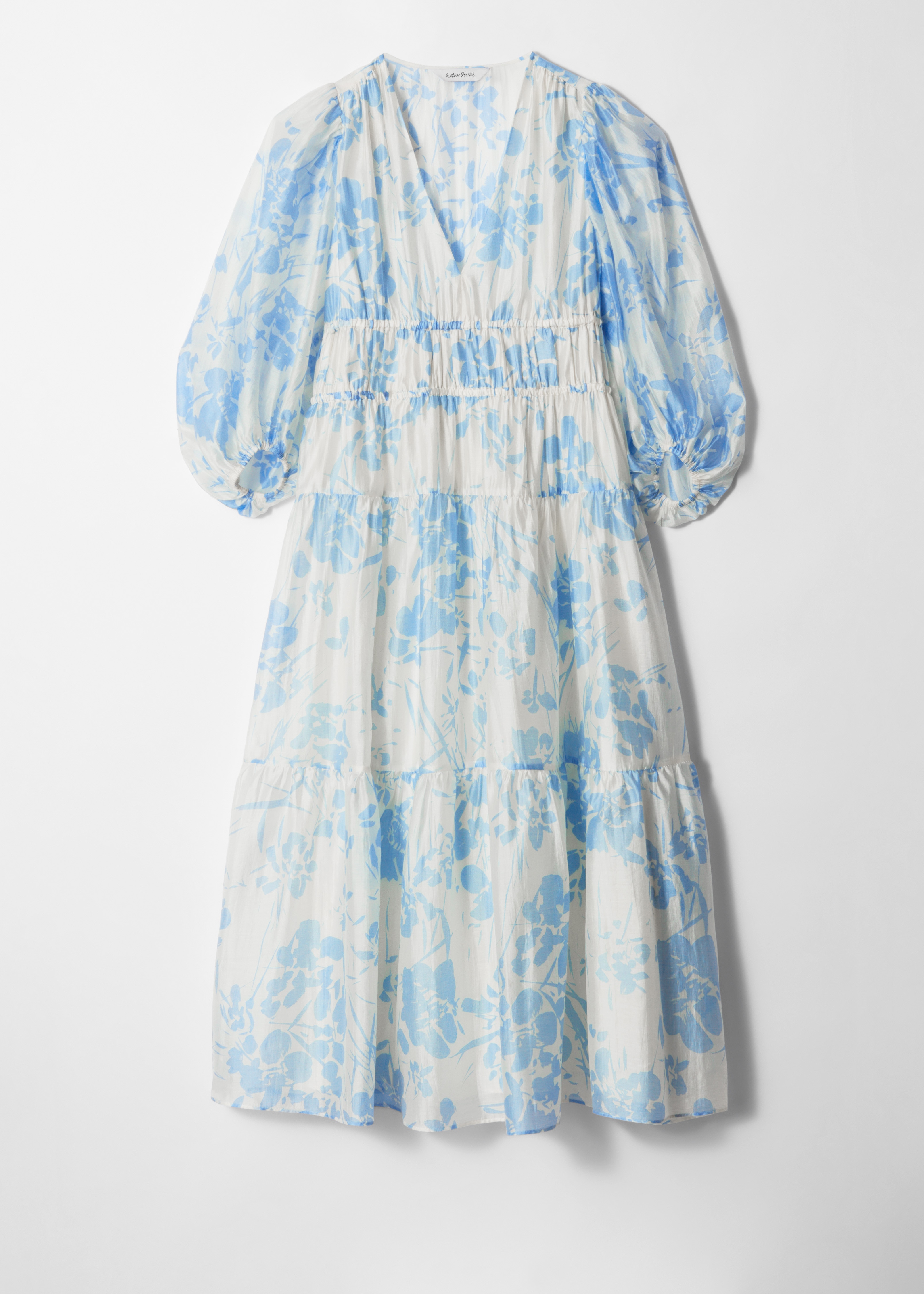 Vestido midi escalonado - Floral azul/blanco/Rosa empolvado/Violeta oscuro