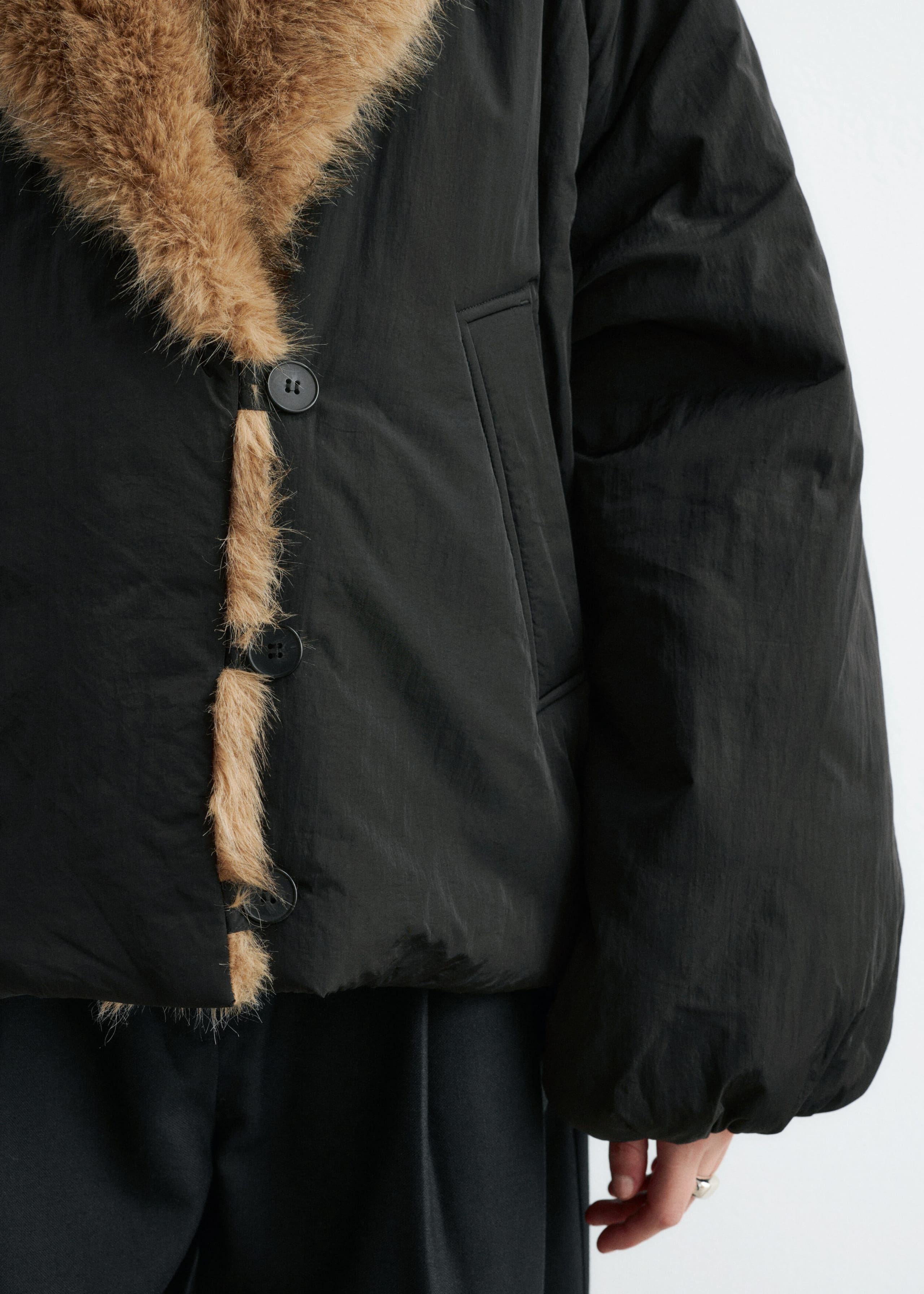 Faux Fur Collar Jacket - Black - Lookbook
