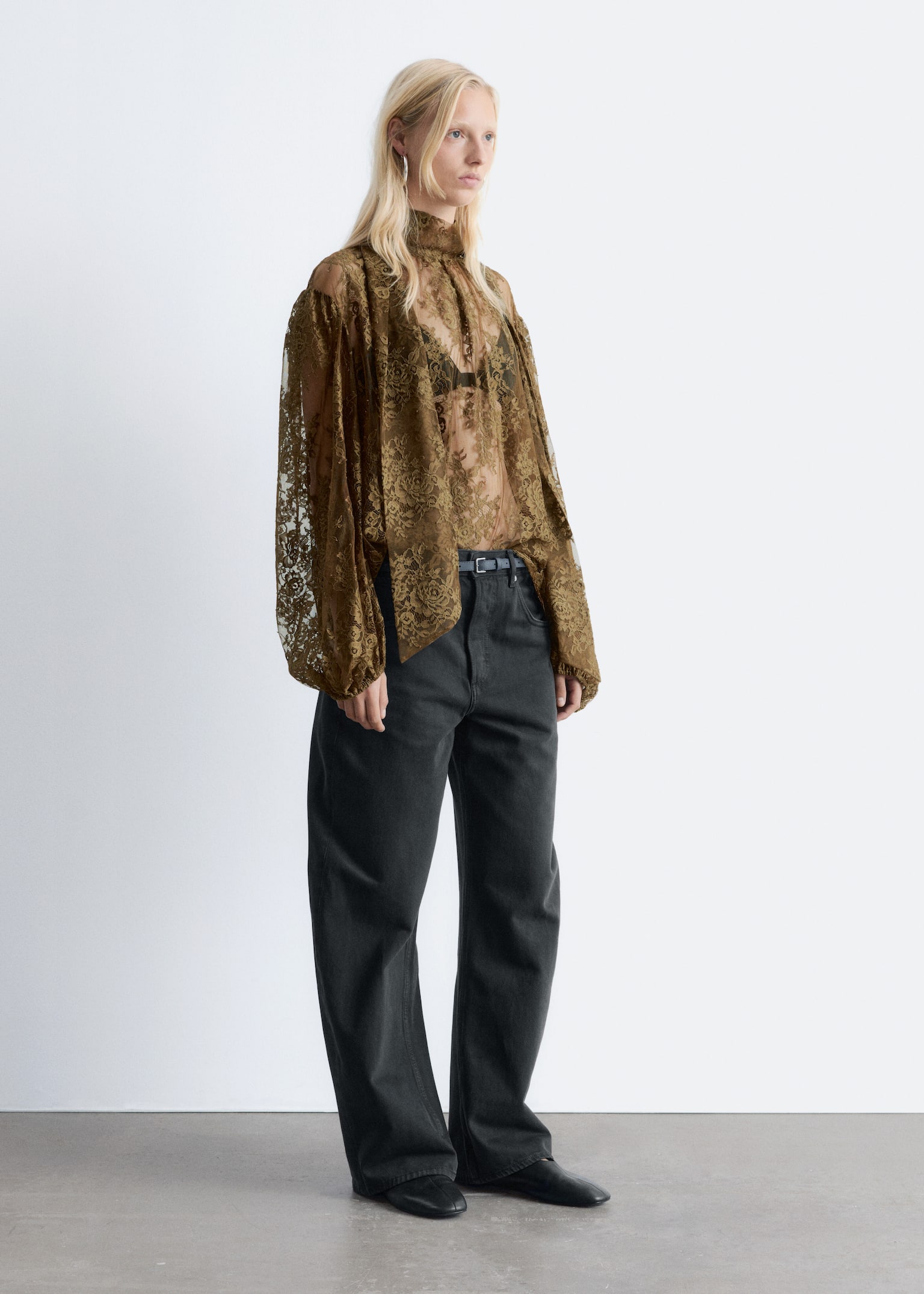 Kanten blouse met strik - Kakigroen - 6