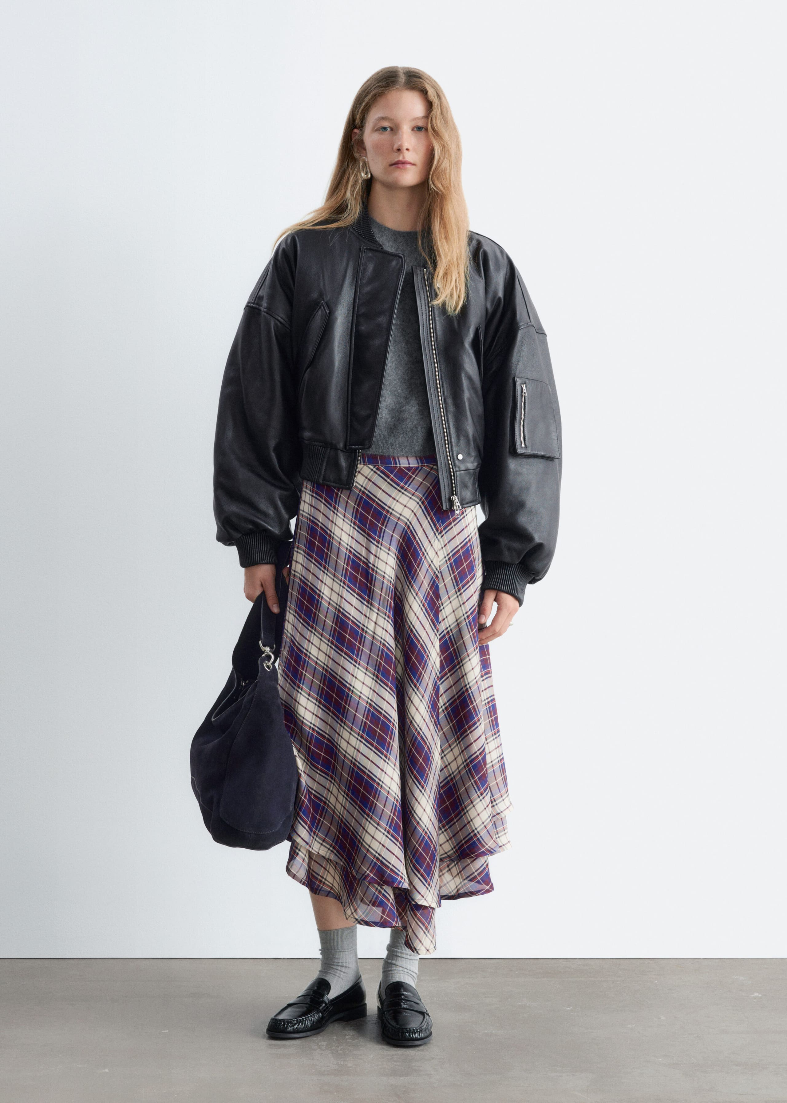 Cropped Leather Bomber Jacket - Black - Lookbook