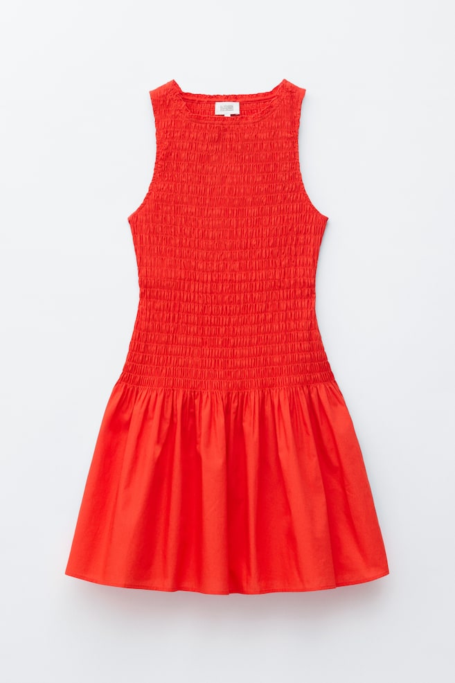Smocked Cotton Poplin Mini Dress - Red/White/Dark Brown - 1