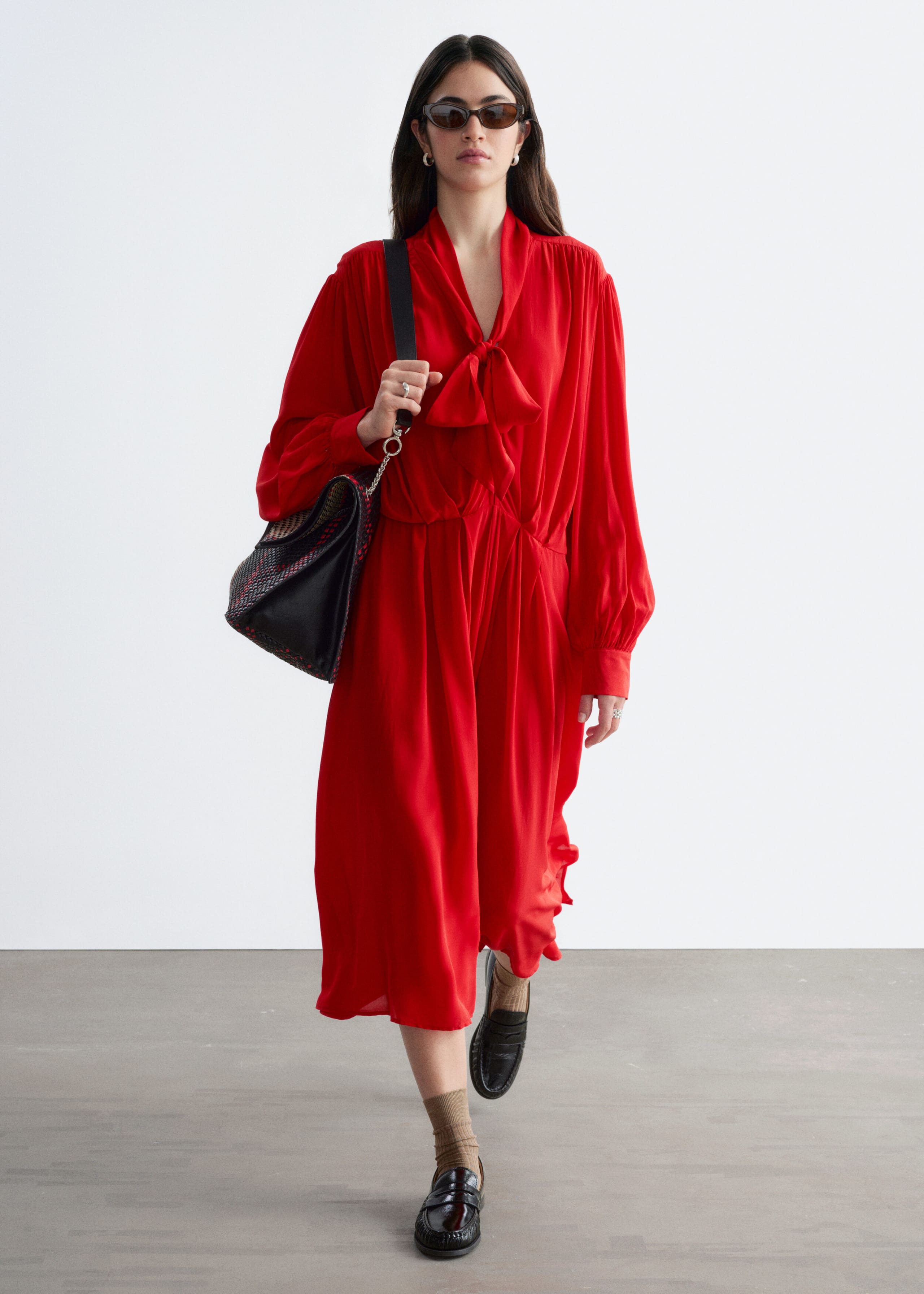 Tie-Neck Midi Dress - Red - Lookbook