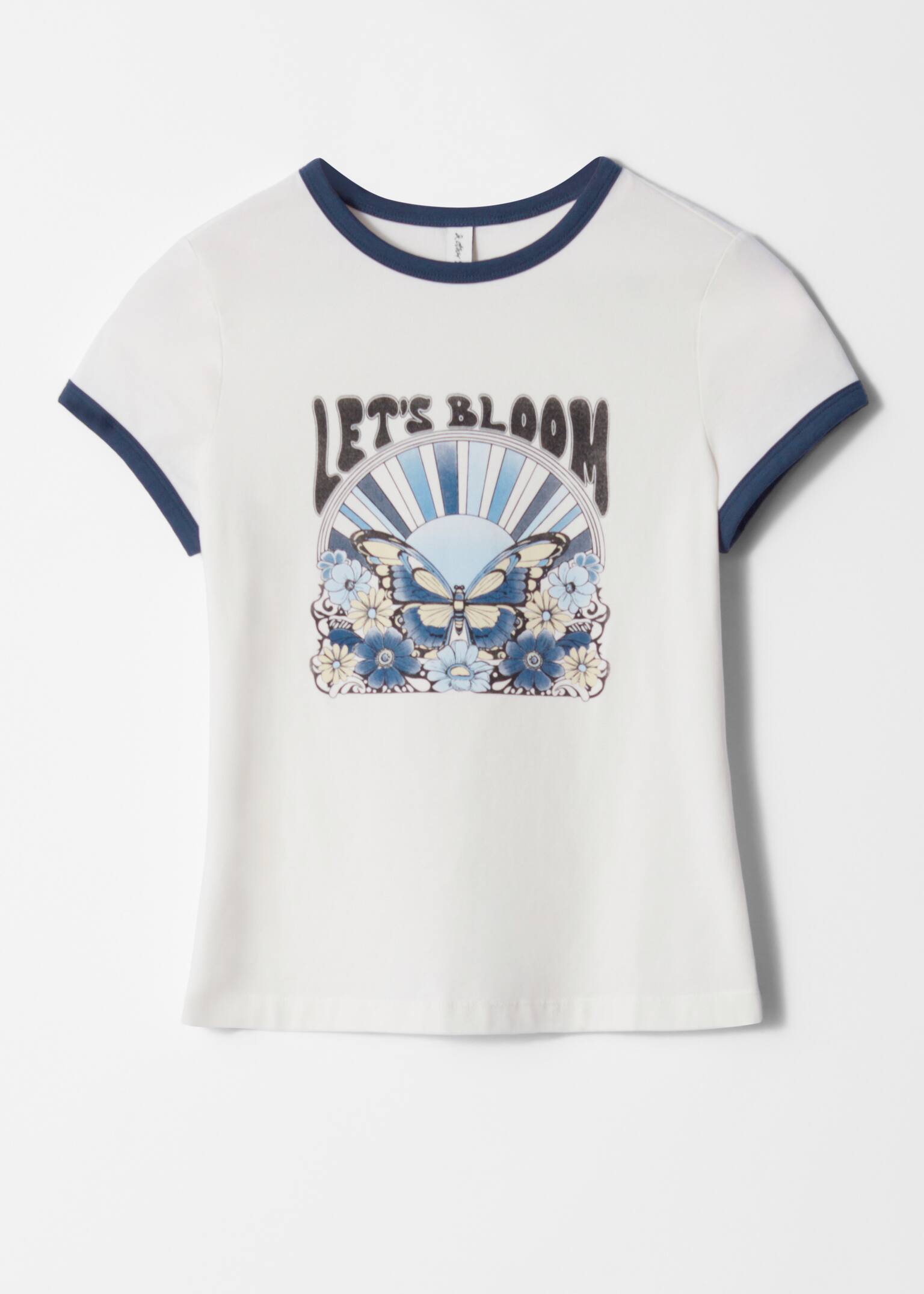 Cap-Sleeve T-shirt - White Print/Blue Stripes