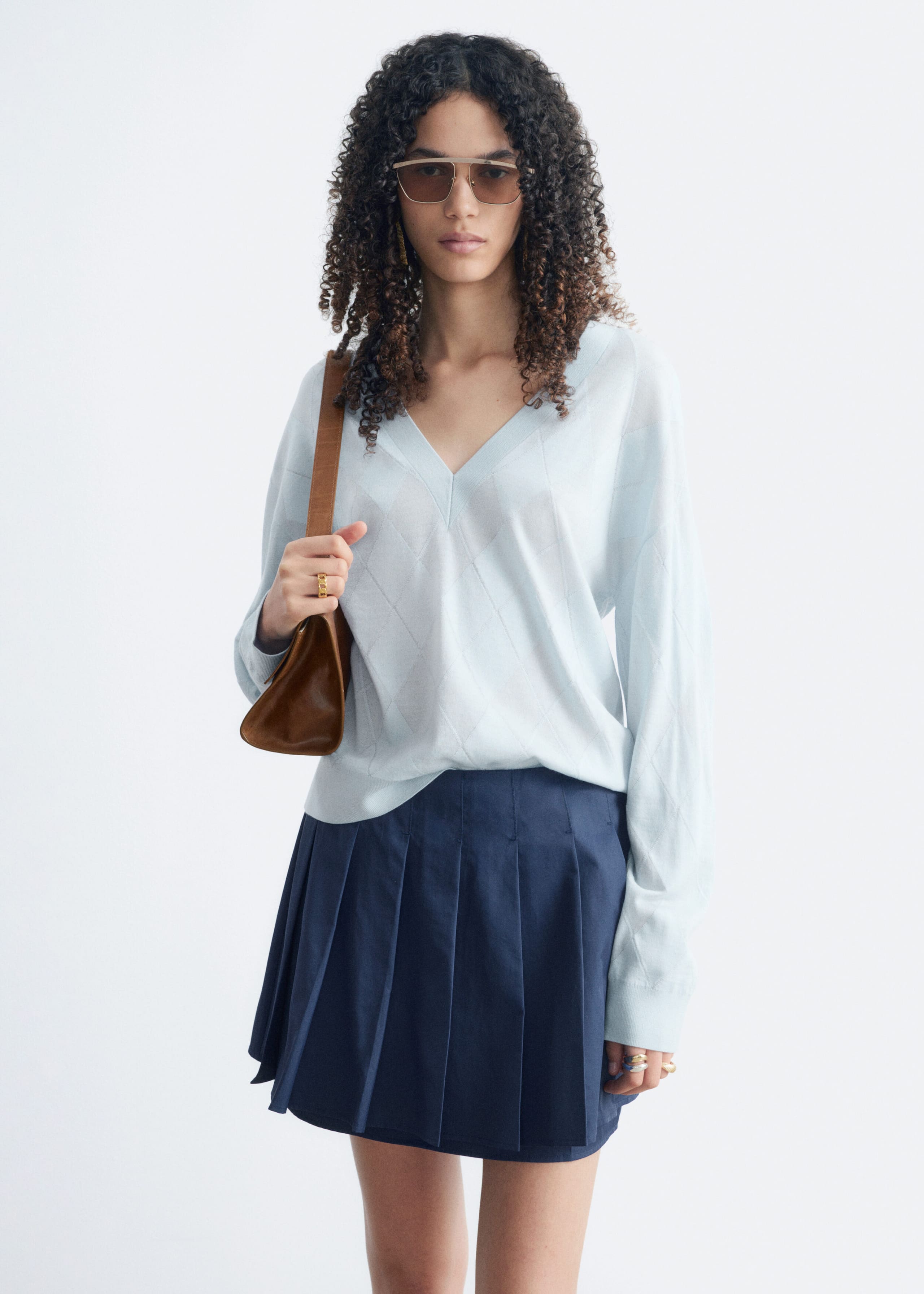 Deep V-Neck Wool Jumper - Light Blue - Lookbook