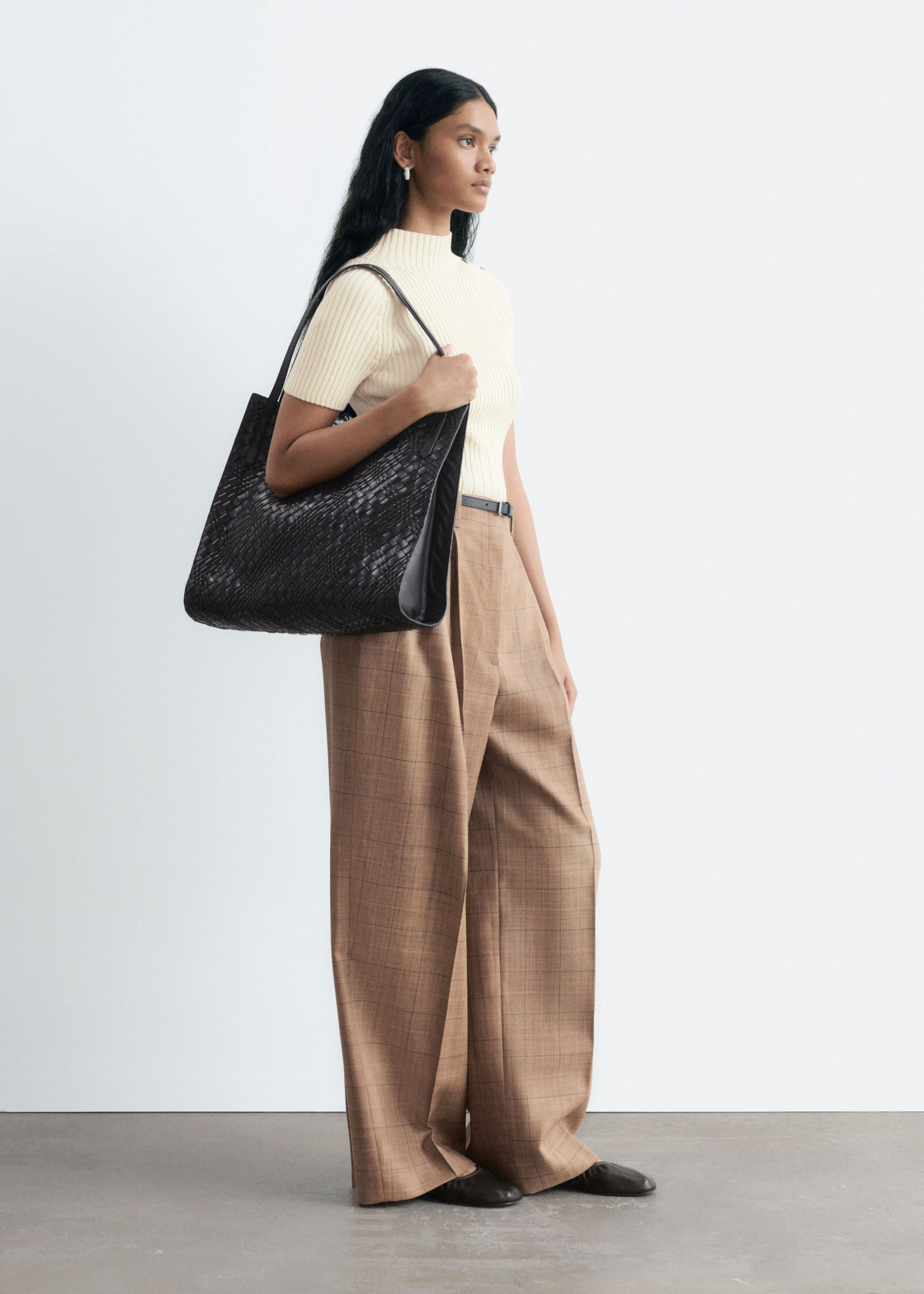 Spodnie z wełną z zakładkami – Dark Beige/Checked – Martwa natura
