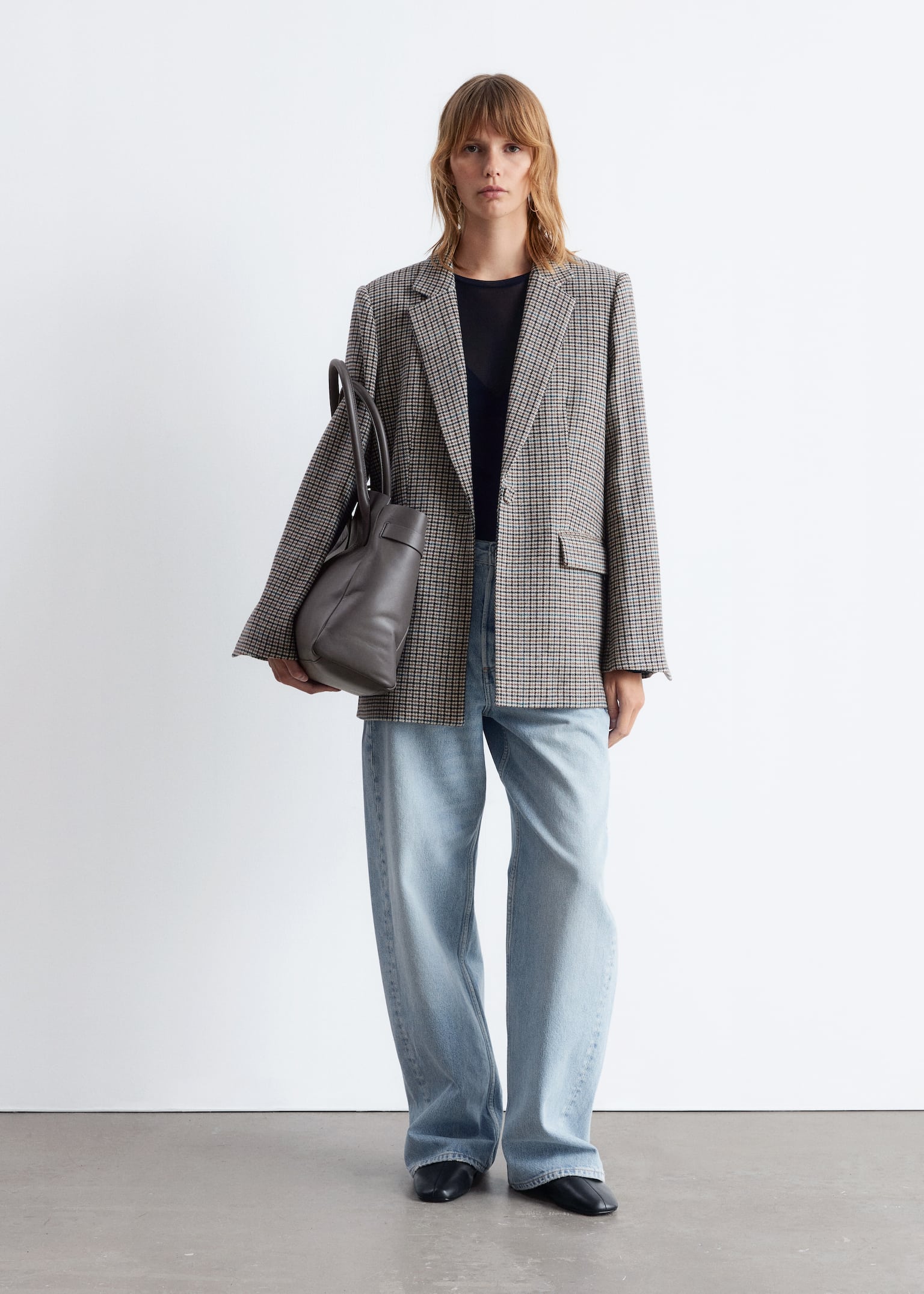 Eleganter Blazer aus Woll-Mix - Graubraunes Hahnentrittmuster