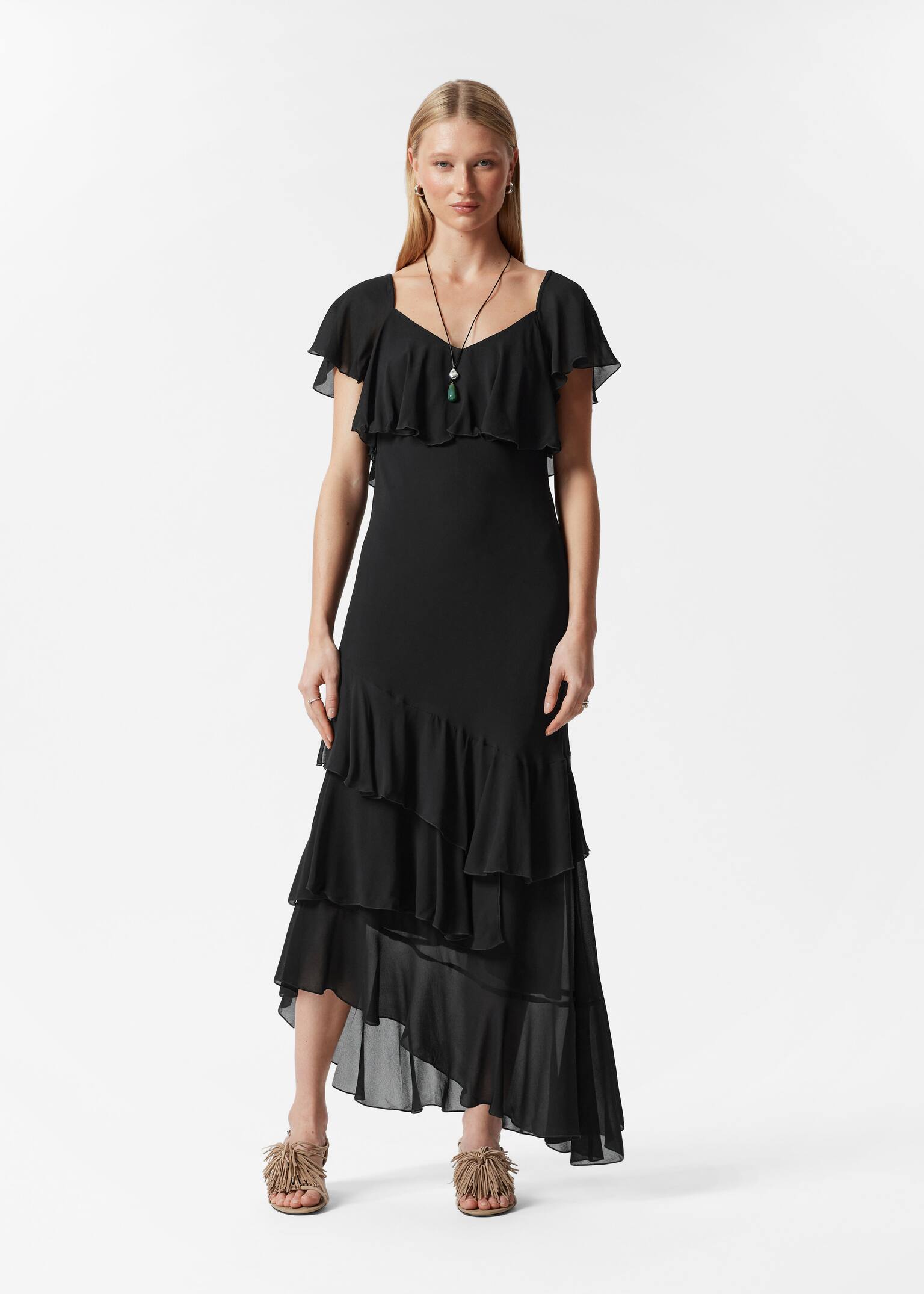 Maxi abito con volant - Nero/Motivo beige/Rosso