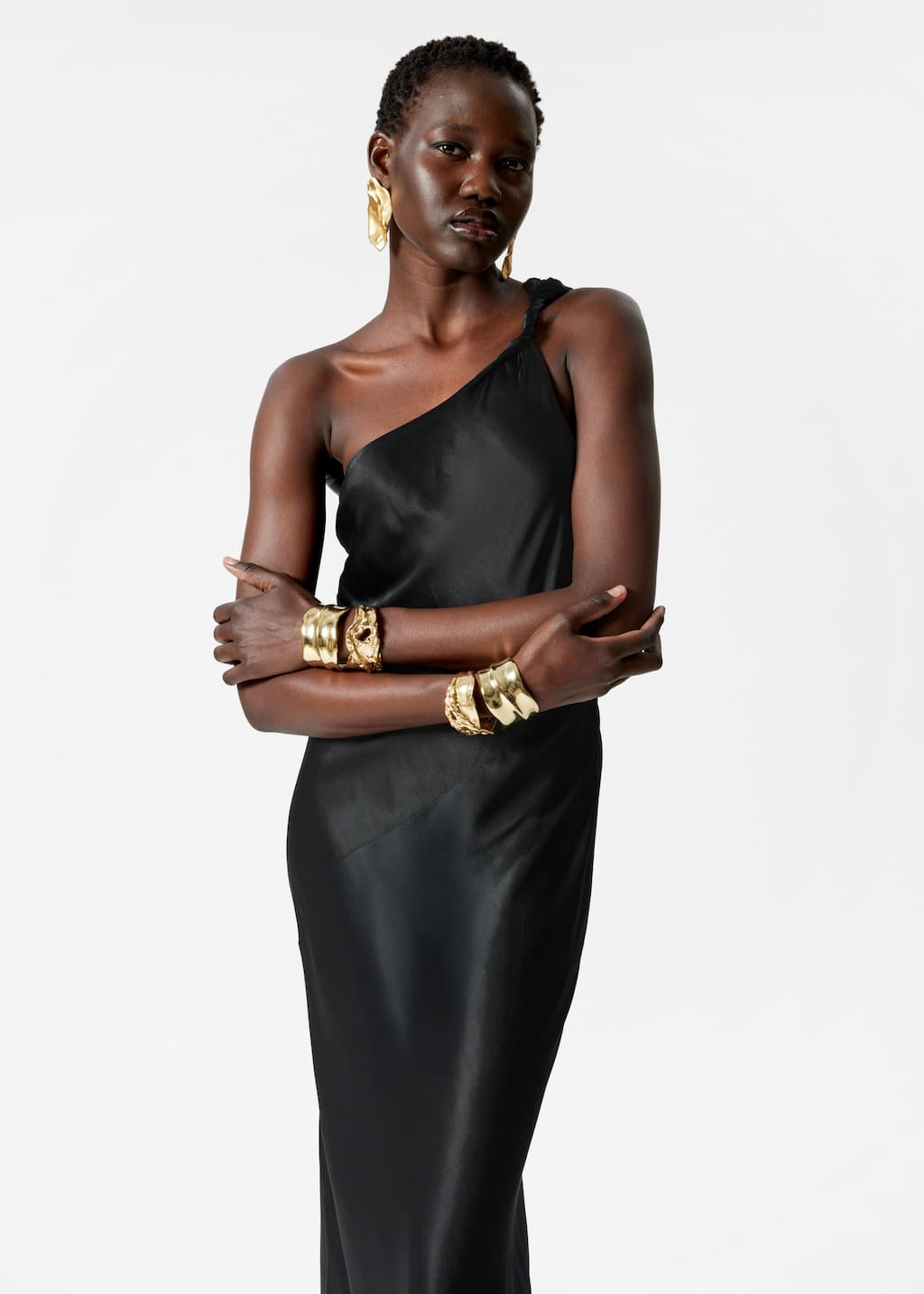 Image of One-Shoulder Satin Midi Dress